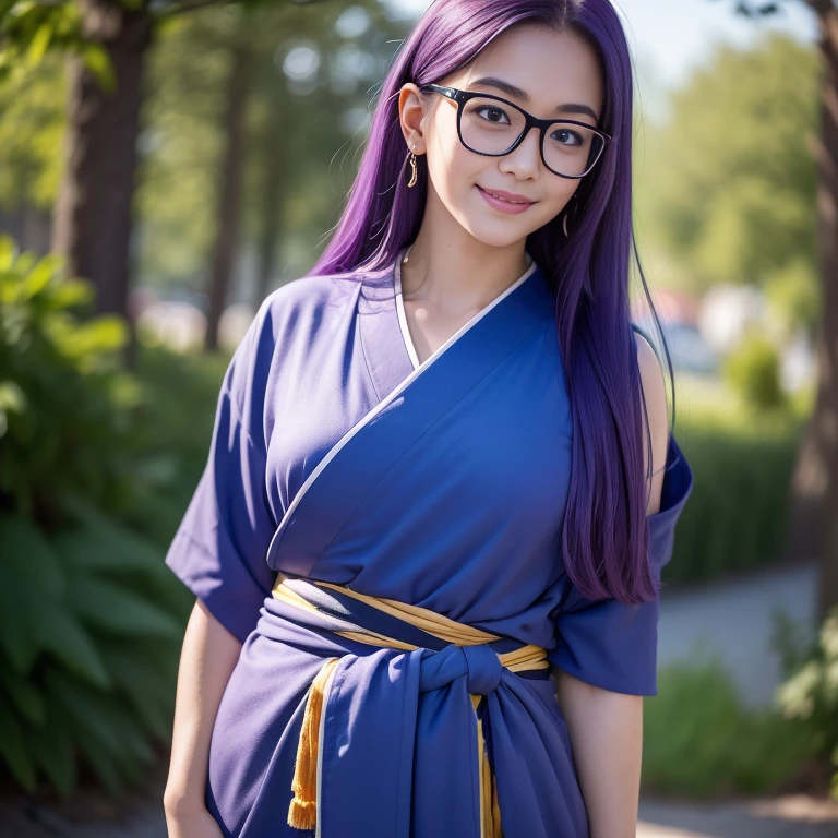 (masterpiece, best quality:1.4), (standing:1.5) (graceful pose:1), 1girl, solo, (european youth:1), arale, glasses, blue eyes, long straight hair, purple hair, a strand of grey hair, with the word "ARALE", dark blue kimono, looking at viewer, beautiful smile, beautiful face, smiley eyes, highly detailed face, highly detailed eyes, white teeth, mature looking, highly detailed skin, skin pores, subsurface scattering, realistic pupils, full face blush, full lips, detailed background, depth of field, volumetric lighting, sharp focus, absurdres, realistic proportions, good anatomy, (realistic, hyperrealistic:1.4), 16k hdr,