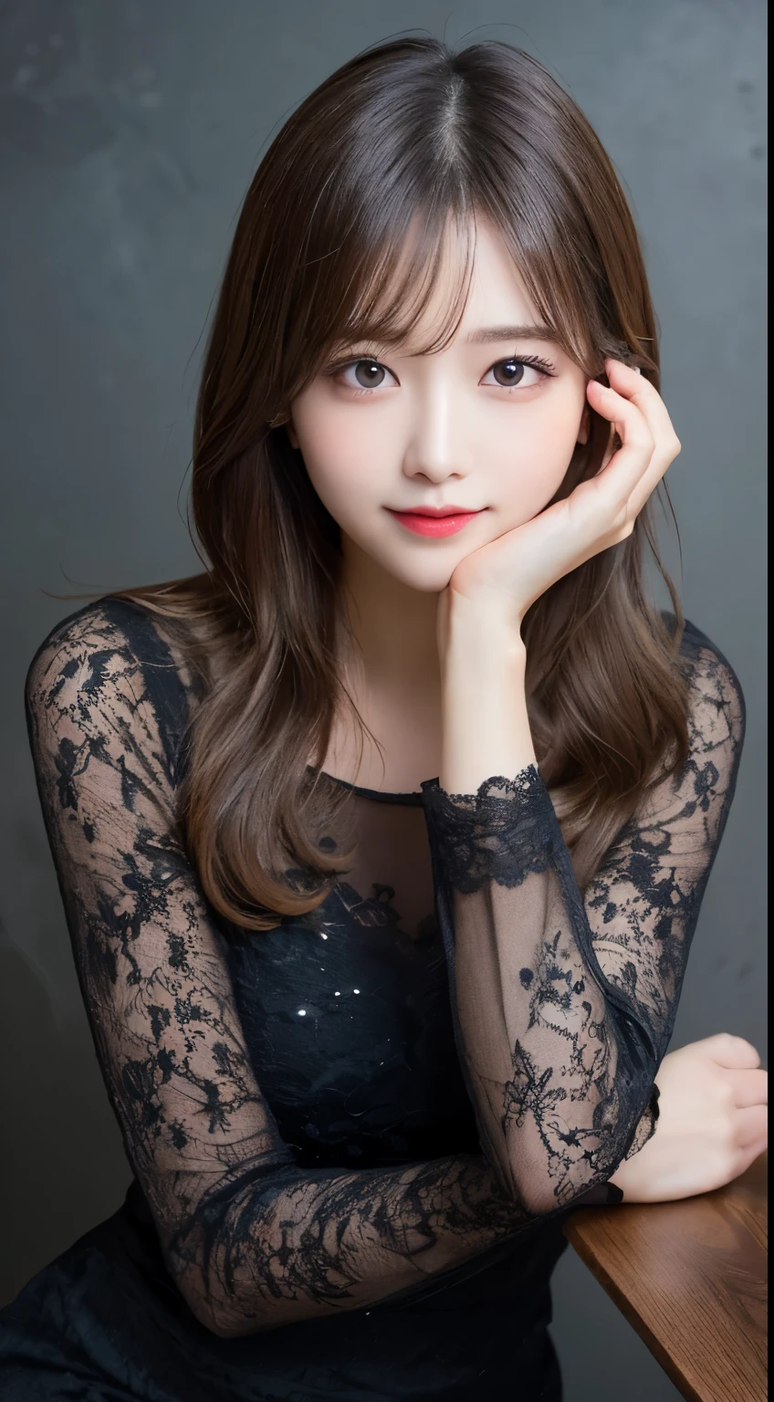 table top, highest quality, shape, Super detailed, finely, High resolution, 8k wallpaper, 完璧なダイナミックな構shape, beautiful and detailed eyes, long sleeve winter dresses,medium hair, small breasts, natural color lip, random sexy pose,smile,、20 year old girl、midnight、beautiful and detailed face、perfect and beautiful face,Big eyes、RAW photo、spread your arms and legs wide、Express your best mood with your whole body、beautiful and detailed eyes、small face、beautiful duplex、slim face and style、Blur background