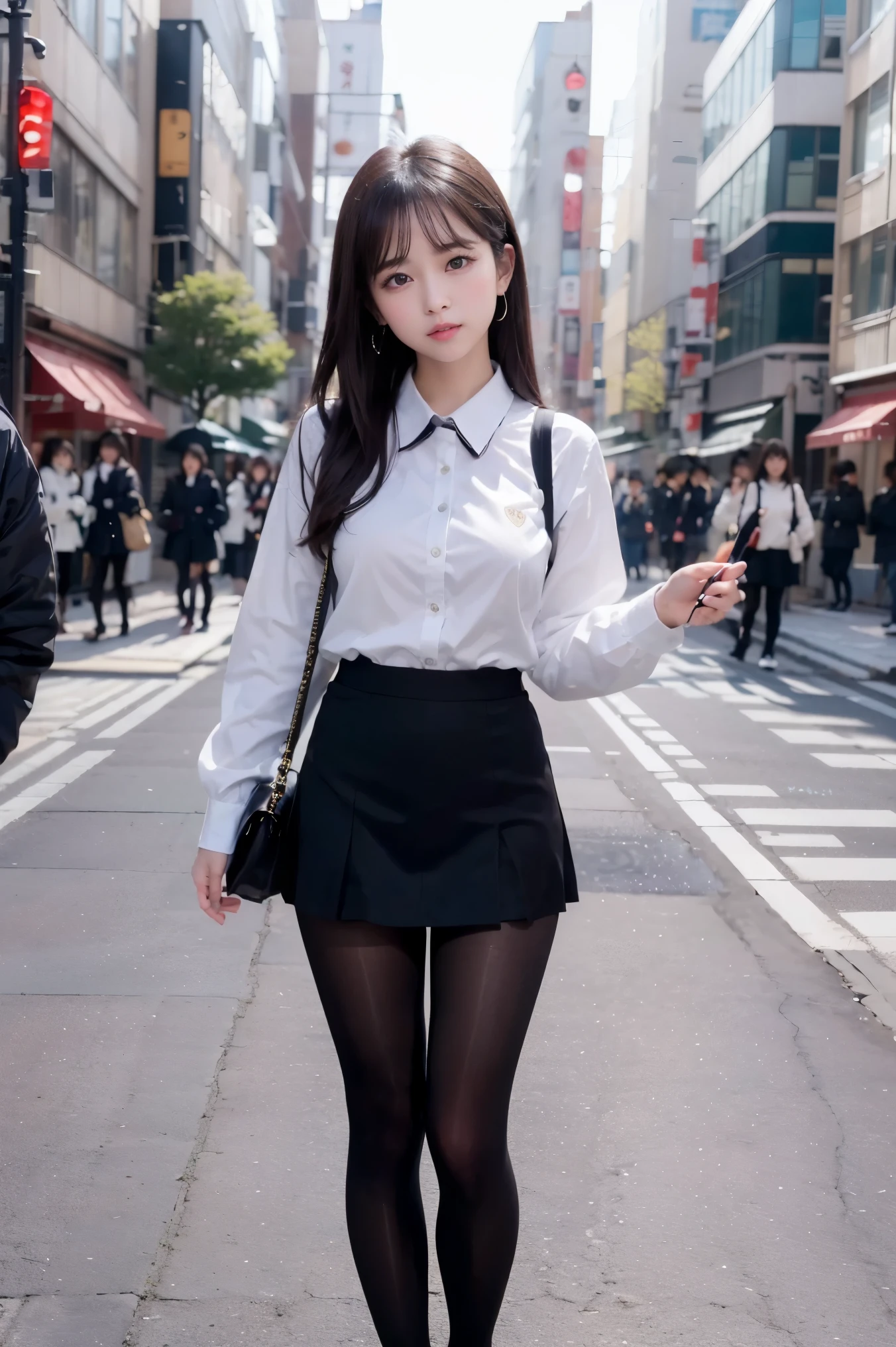 ((full body photo))、street snap、童顔でmicro mini skirt履いて((expensive))There is one woman of、(1 girl)、amazingly cute 、skinny fit uniform、put your hands behind your back、Winter clothes、Japanese school blue uniform、((big breasts))、surreal、Wearing a dark blue uniform、Full body Esbian、nice thighs、((long legs))、(((wide thighs)))、((micro mini skirt))、(black pantyhose)、(I&#39;Iはハイヒールの革靴を履いています)、Nogizaka Idol、korean idol、Inviting eyes