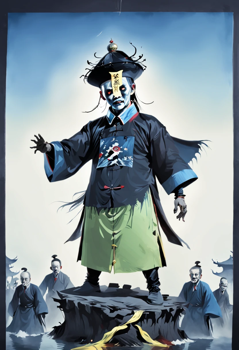 A tall black terrifying Qing Dynasty zombie of strong man wears zombie_hat and huangfu paper on the forehead in the middle of the face , its both hands is up without loincloth and with the black Official uniform of a mandarin from Qing dynasty which jiangshi are usually portrayed wearing,deathly terrifying eyes, symmetric design, chilling gaze, horror theme, symmetrically aligned eyes (stills:1.5), (poster:1.5), (Ink painting and watercolor:1.5),(actual),((masterpiece), (best quality), super high resolution, Excellent details, dramatic lighting, high resolution, 8k, ridiculous,Chinese building, Chinese tower, obsolete , (Chinese_clear_zombie:1.5),The color palette is dark and ominous, Create an atmosphere of fear. The overall composition reflects the ink elements of Asian horror posters and traditional Chinese aesthetics , (Delete Exclude without no Japanese and no Korean styles).