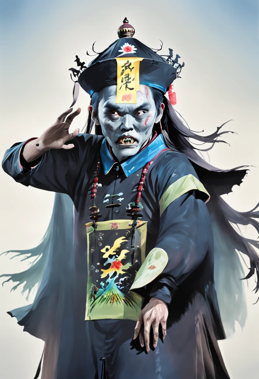 A tall black terrifying Qing Dynasty zombie of strong man wears zombie_hat and huangfu paper on the forehead in the middle of the face , its both hands is up without loincloth and with the black Official uniform of a mandarin from Qing dynasty which jiangshi are usually portrayed wearing,deathly terrifying eyes, symmetric design, chilling gaze, horror theme, symmetrically aligned eyes (stills:1.5), (poster:1.5), (Ink painting and watercolor:1.5),(actual),((masterpiece), (best quality), super high resolution, Excellent details, dramatic lighting, high resolution, 8k, ridiculous,Chinese building, Chinese tower, obsolete , (Chinese_clear_zombie:1.5),The color palette is dark and ominous, Create an atmosphere of fear. The overall composition reflects the ink elements of Asian horror posters and traditional Chinese aesthetics , (Delete Exclude without no Japanese and no Korean styles).