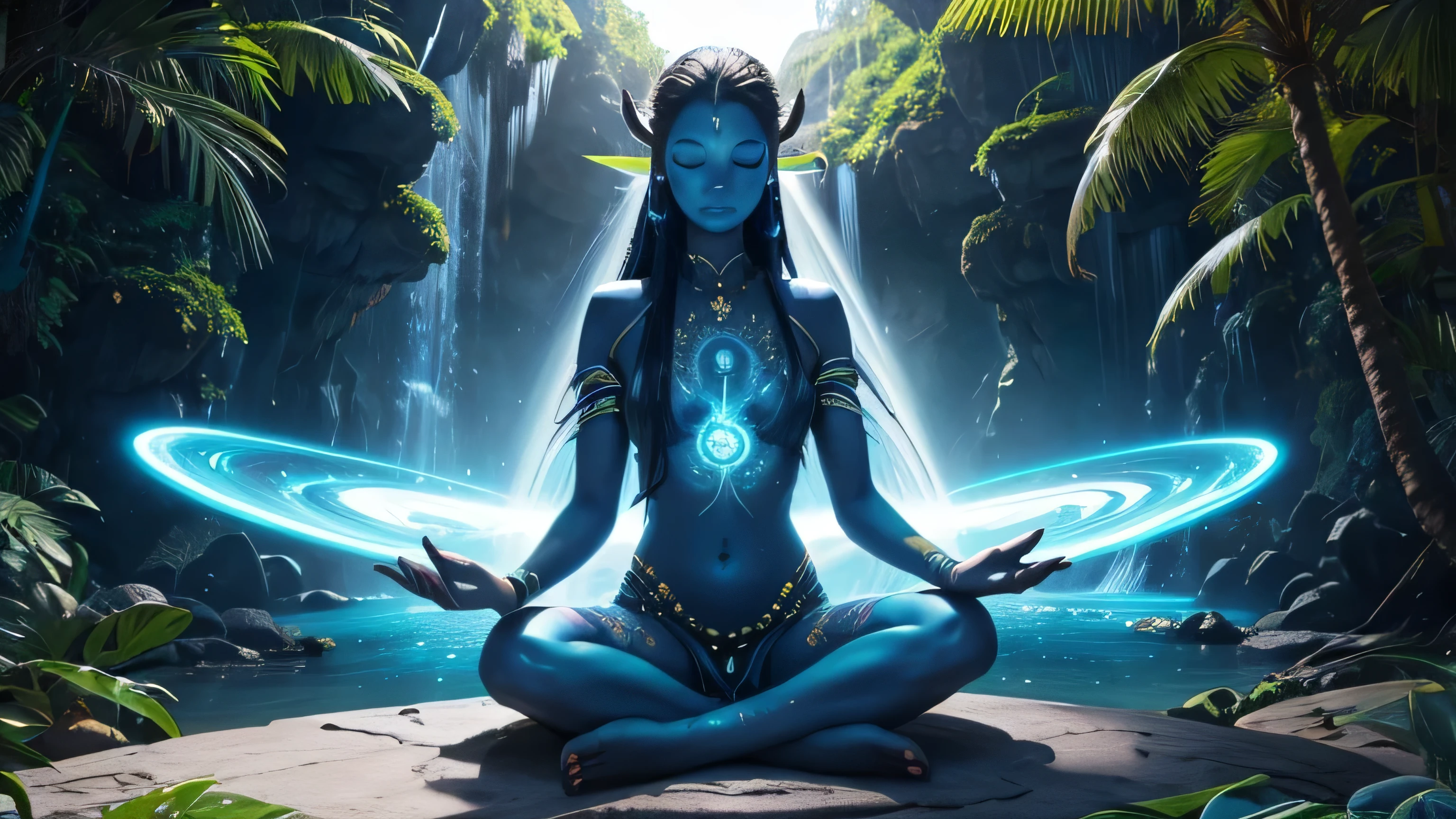 Avatar Na'vi alien girl, Pandora tropical Beach, black universe galaxy skin, hyper realistic, meditation, kundalini, ancient source energy, sun, flowers of all colors and shapes, cross-legged sitting, closed eyes, waterfall, magic circle, levitation