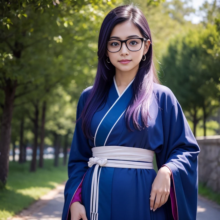 (masterpiece, best quality:1.4), (standing:1.5) (graceful pose:1), 1girl, solo, (european youth:1), arale, glasses, blue eyes, long straight hair, purple hair, a strand of grey hair, with the word "ARALE", dark blue kimono, looking at viewer, beautiful smile, beautiful face, smiley eyes, highly detailed face, highly detailed eyes, white teeth, mature looking, highly detailed skin, skin pores, subsurface scattering, realistic pupils, full face blush, full lips, detailed background, depth of field, volumetric lighting, sharp focus, absurdres, realistic proportions, good anatomy, (realistic, hyperrealistic:1.4), 16k hdr,