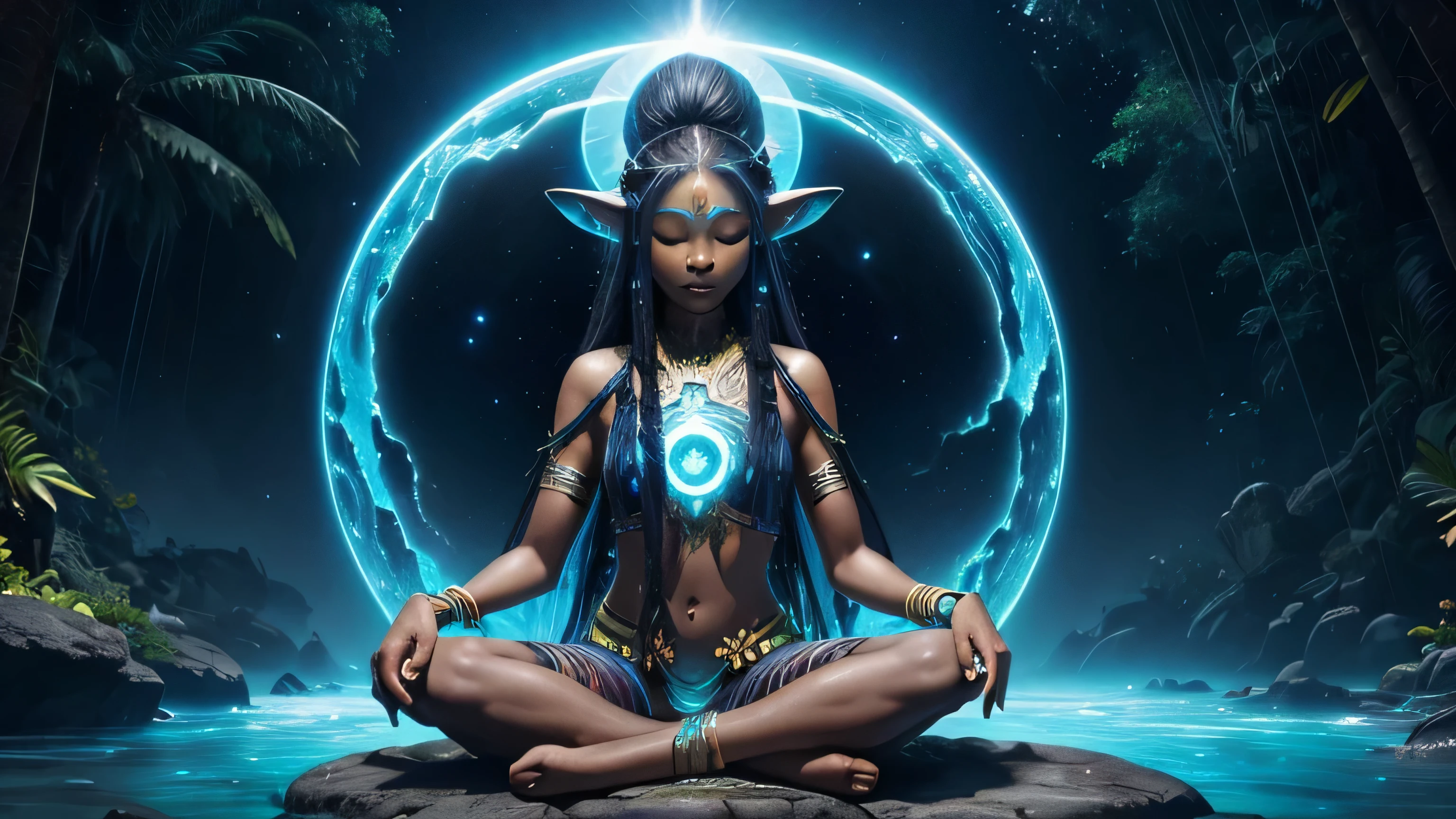 Avatar Na'vi alien girl, Pandora tropical Beach, black universe galaxy skin, hyper realistic, meditation, kundalini, ancient source energy, sun, flowers of all colors and shapes, cross-legged sitting, closed eyes, waterfall, magic circle, levitation