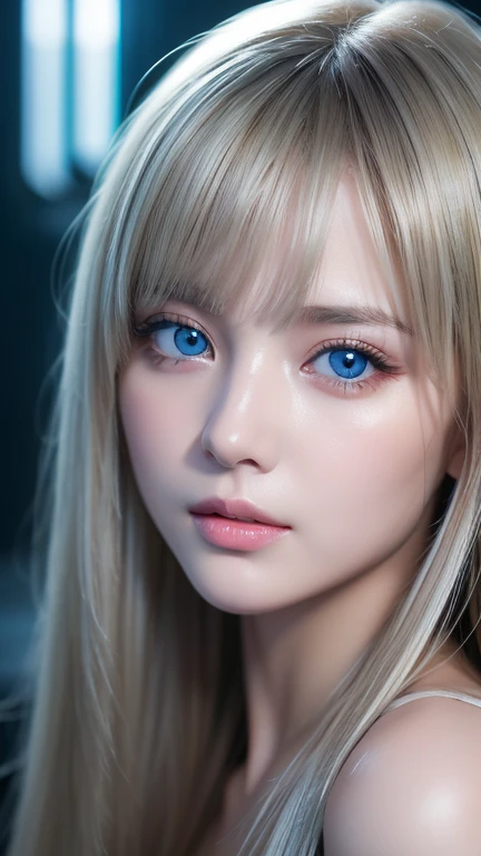 highest quality、8K Masterpiece、ultra high resolution、(photorealistic:1.3)、Raw photo、1 blonde girl、silvery hair、Glossy skin、1 Cyberpunk Super Beautiful Soldier、((Super realistic details))、Portrait、global illumination、Very beautiful, bright and shining light blue eyes that are huge、very big eyes、shadow area、octane rendering、8K、ultra sharp、beautiful breasts、The bare skin of the cleavage is exposed、Metal、cold color、、very intricate details、realistic light、CGSoation Trend beautiful eyes、Eyes shining towards the camera、neon details、small face beauty、Bright and beautiful skin that shines pure white、cheek highlights、long bangs between the eyes,
