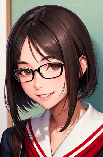 looking away:1.4,upper body shot,Painter style,glasses,smile with visible teeth,school uniform, adult woman, highest quality, ultra high resolution, photo-realistic, Super detailed, 9K, RAW photo NSFW