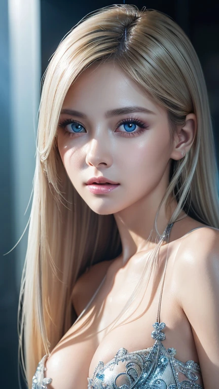 highest quality、8K Masterpiece、ultra high resolution、(photorealistic:1.3)、Raw photo、1 blonde girl、silvery hair、Glossy skin、1 Cyberpunk Super Beautiful Soldier、((Super realistic details))、Portrait、global illumination、Very beautiful, bright and shining light blue eyes that are huge、very big eyes、shadow area、octane rendering、8K、ultra sharp、beautiful breasts、The bare skin of the cleavage is exposed、Metal、cold color、、very intricate details、realistic light、CGSoation Trend beautiful eyes、Eyes shining towards the camera、neon details、small face beauty、Bright and beautiful skin that shines pure white、cheek highlights、long bangs between the eyes,