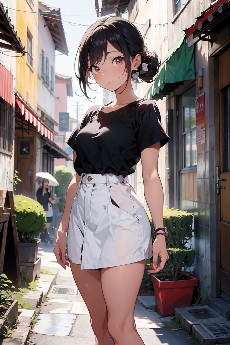 (Best quality:1.5), Highres, Masterpiece, Detailed, Photo, Ultra-detailed digital anime art, clear face depiction, top quality colors, ((nsfw:1.4, masterpiece, best quality, highres, UHD)), Anime Style, Soft Line Art, Digital Enhancement, beautiful anime girl, beautiful art style, anime character, 1 girl, medium size breasts, cleavage, standing, Hand Gesture, cute smile, Smiling, Short Hair, use Bikini