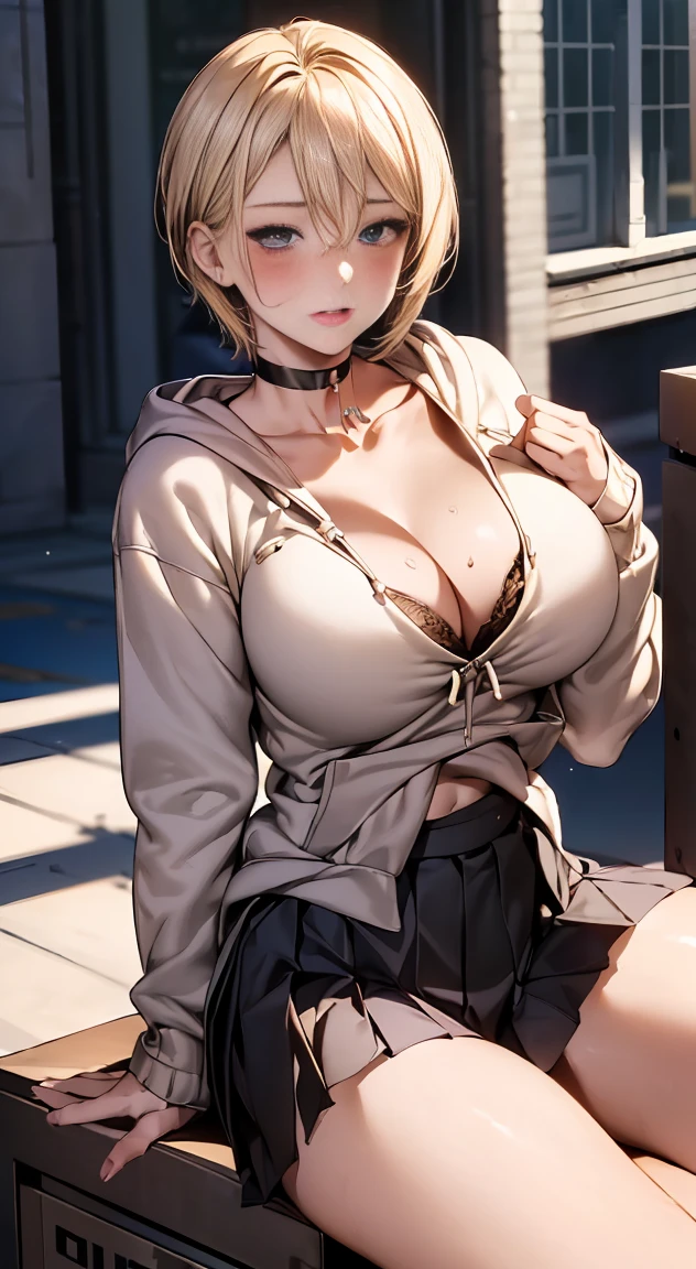 (masterpiece:1.2, highest quality), (realistic, photorealistic:1.4), beautiful illustrations,
looking at the viewer, whole body, Front view:0.6,
1 female, 25 years old, Japanese, ((blonde:1.5, Handsome Shorthair:1.4)), No bangs, hair between eyes, ((height: 176 cm, big breasts:1.6, thin waist))
beautiful hair, beautiful face, beautiful and detailed eyes, (black eye:1.3), beautiful clavicle, beautiful body, beautiful breasts, beautiful thighs, beautiful feet, beautiful fingers, perfect anatomy:1.3, perfect anatomy
(outdoors), ((hoodie:1.8, Box Pleated Skirt:1.4, choker:1.6)), black panties:1.6,
((Grasp the hem of the skirt with your right hand, Put your left hand on your chest, open your legs:1.3)),
(Look at the viewer while blushing:1.3), ((NFSW:1.3))