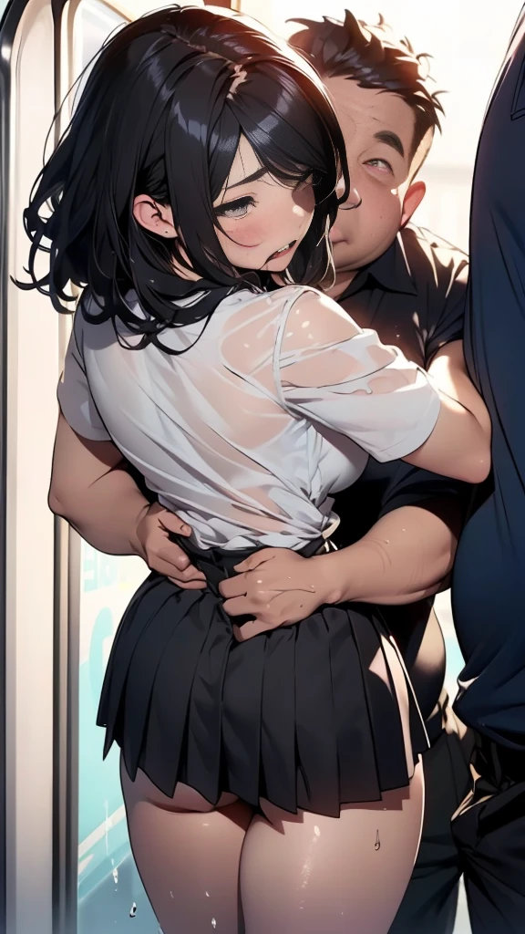 (nsfw:1.3)(masterpiece)(best quality)(1boy and 1girl),(1boy with ikemen and tall height and bangs and muscular) hetero (breast grab)(1girl with black hair and large breasts and very long hair and teal eyes and short height and 15 old years and ) 22s game style, tie (classroom)(vulgarity)hug From beyond(sex, cum on girl,excessive cum, wet skin, vaginal penis,intercourse with a man,clothed sex ,rape ,motion blur, motion lines, heavy breathing),standing-sex, standing-sex-front, standing missionary, standing-sex-behind, sex from behind, pov, from side, sex,(height difference)