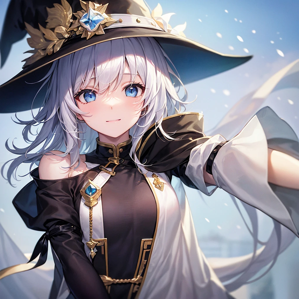 super high quality, with a girl, 20-year-old, very short hair, long bangs between the eyes, pale blue eyes , blue sky, sunlight, very detailed,(masterpiece、highest quality)、alone、gray hair、White skin as clear as snow、fantasy, silver hair, black eye, beautiful eyes,, ecstasy, charm, be smitten with audience, fantasyな風景、witch hat