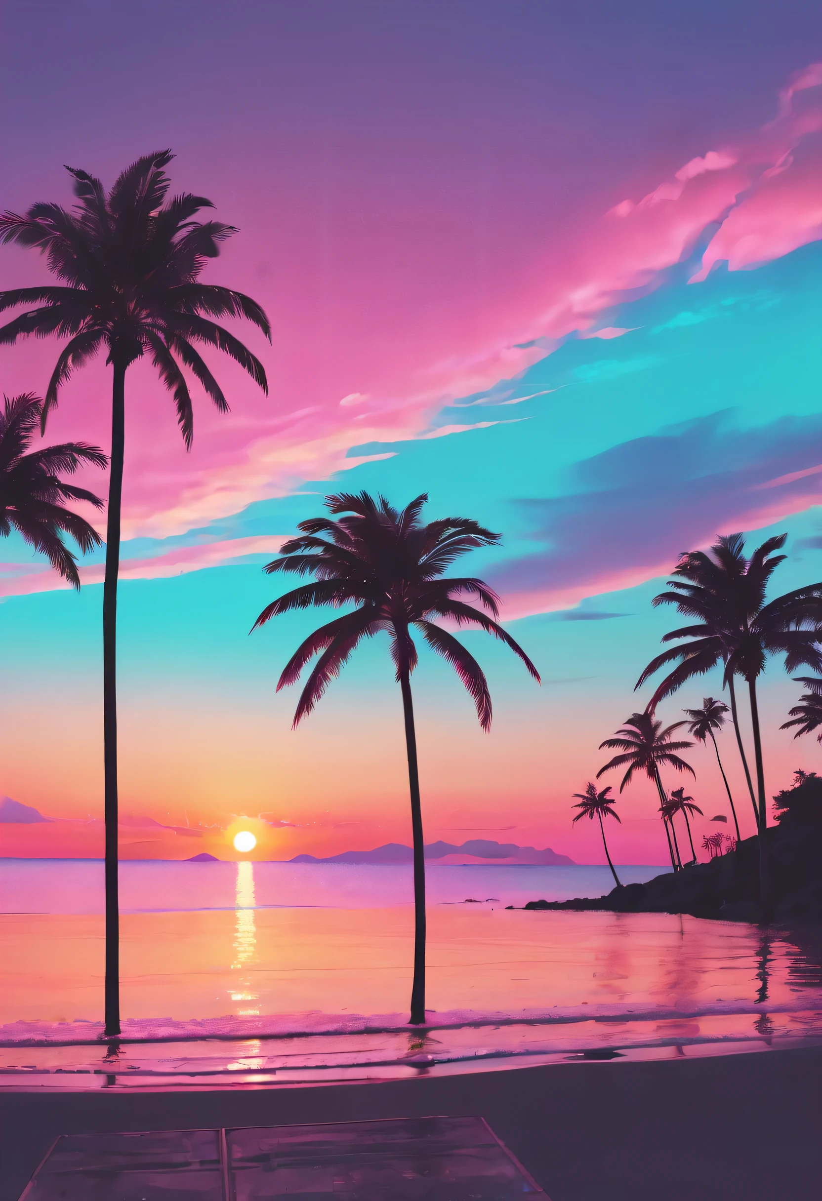 The aesthetics of Vaporwave, sunset, Ocean, Palm tree
