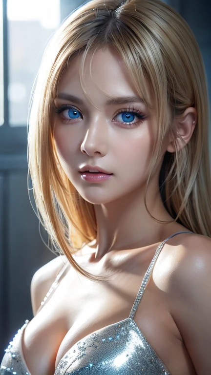 highest quality、8K Masterpiece、ultra high resolution、(photorealistic:1.3)、Raw photo、1 blonde girl、silvery hair、Glossy skin、1 Cyberpunk Super Beautiful Soldier、((Super realistic details))、Portrait、global illumination、Very beautiful, bright and shining light blue eyes that are huge、very big eyes、shadow area、octane rendering、8K、ultra sharp、beautiful breasts、The bare skin of the cleavage is exposed、Metal、cold color、、very intricate details、realistic light、CGSoation Trend beautiful eyes、Eyes shining towards the camera、neon details、small face beauty、Bright and beautiful skin that shines pure white、cheek highlights、long bangs between the eyes,