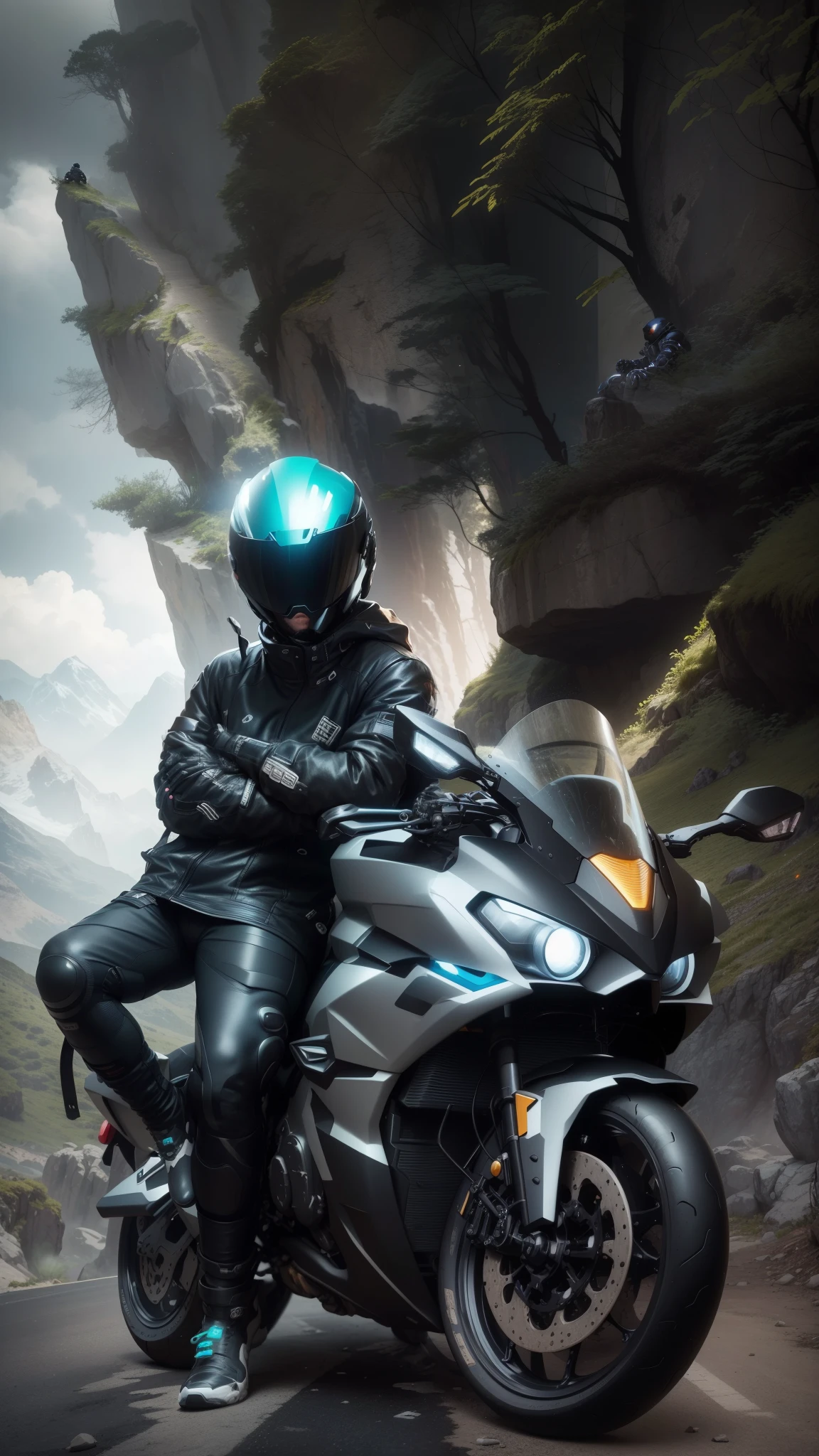 there is a man that is sitting on a motorcycle in the mountains, sitting on cyberpunk motorbike, riding a futuristic motorcycle, wearing space techwear, motorbiker, riding, biker, profile picture 1024px, picture of a male biker, future techwear, profile picture, lonely rider, sitting on a motorcycle, motorcycle, reflective suit, riding a motorcycle