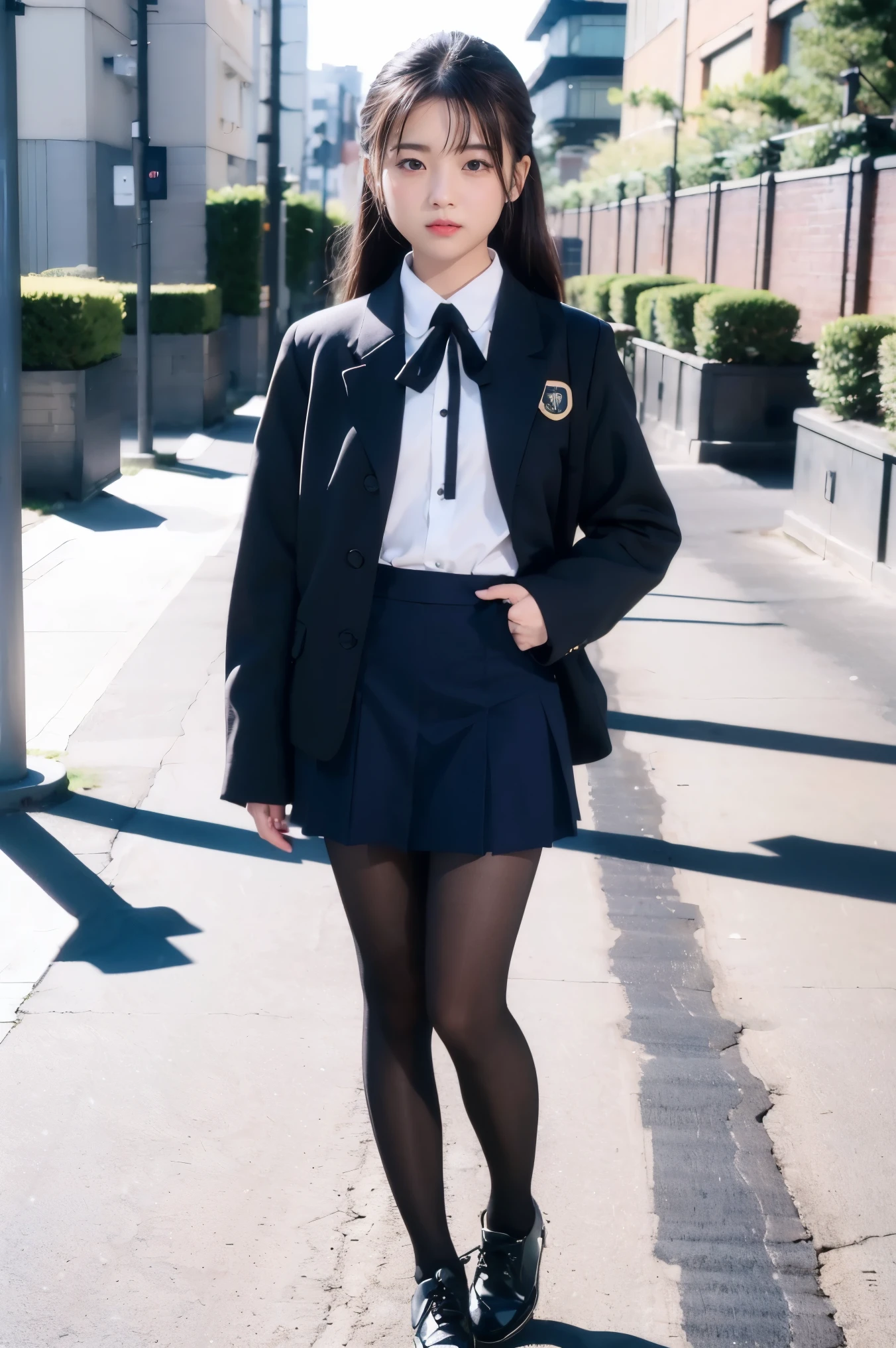 ((full body photo))、street snap、童顔でmicro mini skirt履いて((expensive))There is one woman of、(1 girl)、amazingly cute 、skinny fit uniform、put your hands behind your back、Winter clothes、Japanese school blue uniform、((big breasts))、surreal、Wearing a dark blue uniform、Full body Esbian、nice thighs、((long legs))、(((wide thighs)))、((micro mini skirt))、(black pantyhose)、(I&#39;Iはハイヒールの革靴を履いています)、Nogizaka Idol、korean idol、Inviting eyes
