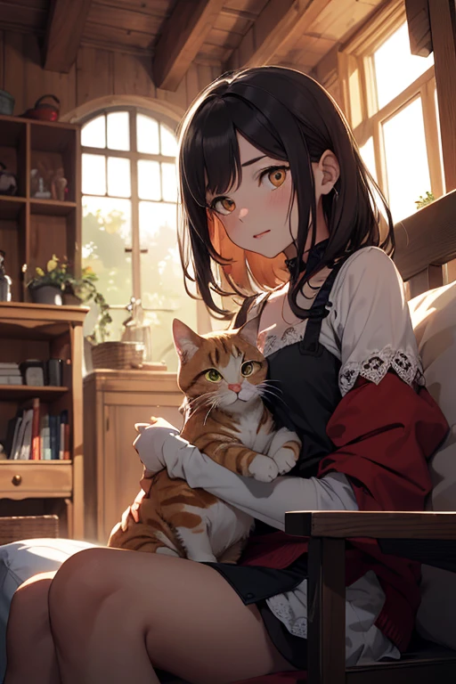 Illustration for a fairy tale about a girl with dark hair and a red tabby cat