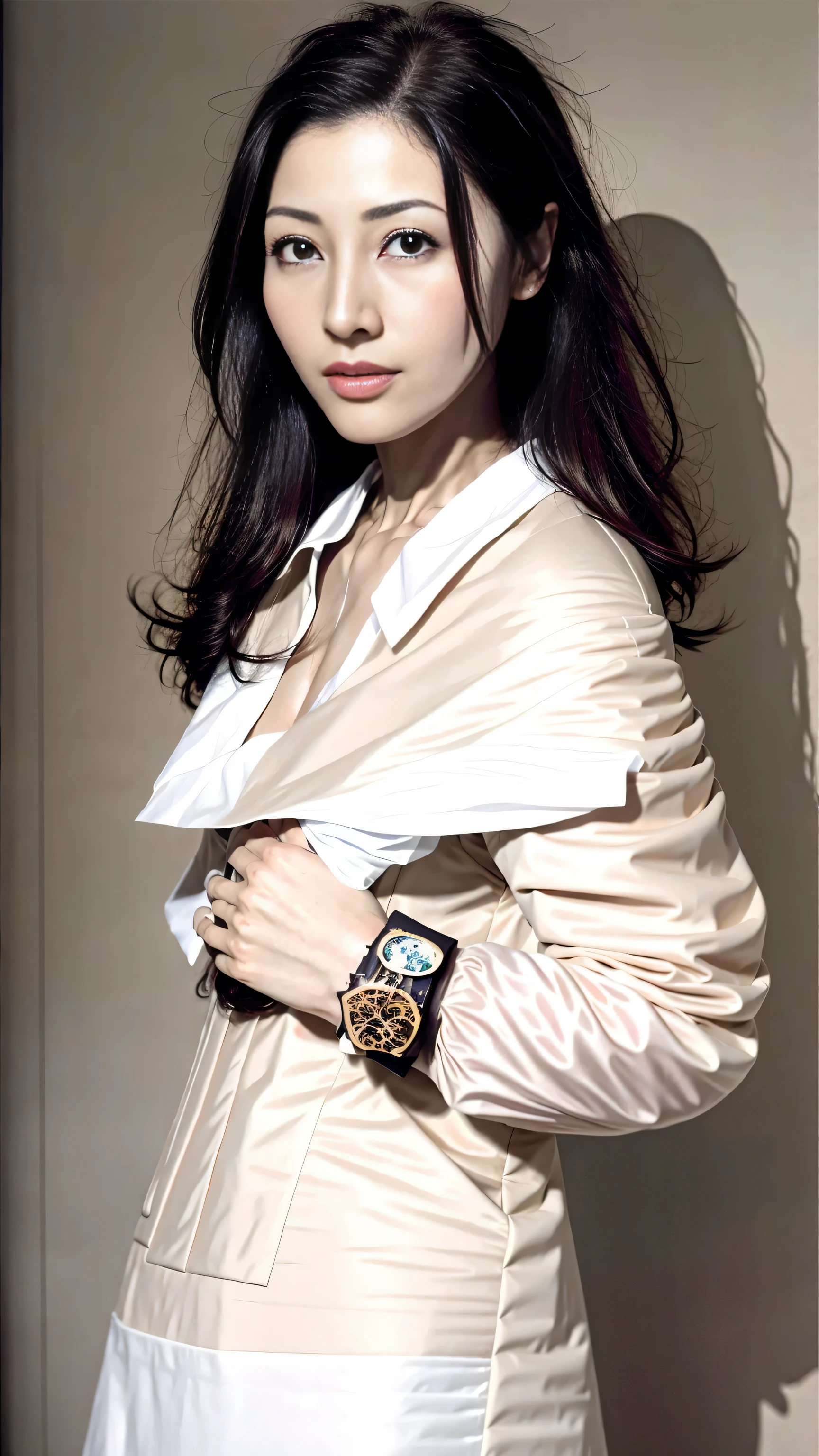 best quality，facial focus，soft light，Super A high resolution，（Realism：1.4），original photo，Highlight the valley Japanese girl，cute，（Pupils open，There is light in the eyes），Exquisite and beautiful face，（big），（High-resolution detail of human skin texture），frolicking，cute的笑容，long hair），（Close-up of the face），cow horn，leering，shiny skin，cute的笑容，in the straw of the prairie，Damask shirt dress，（portrait）
