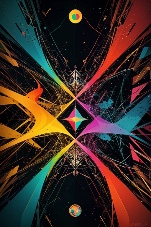 Represent the idea of harmony through chaotic abstract shapes and vibrant colors.