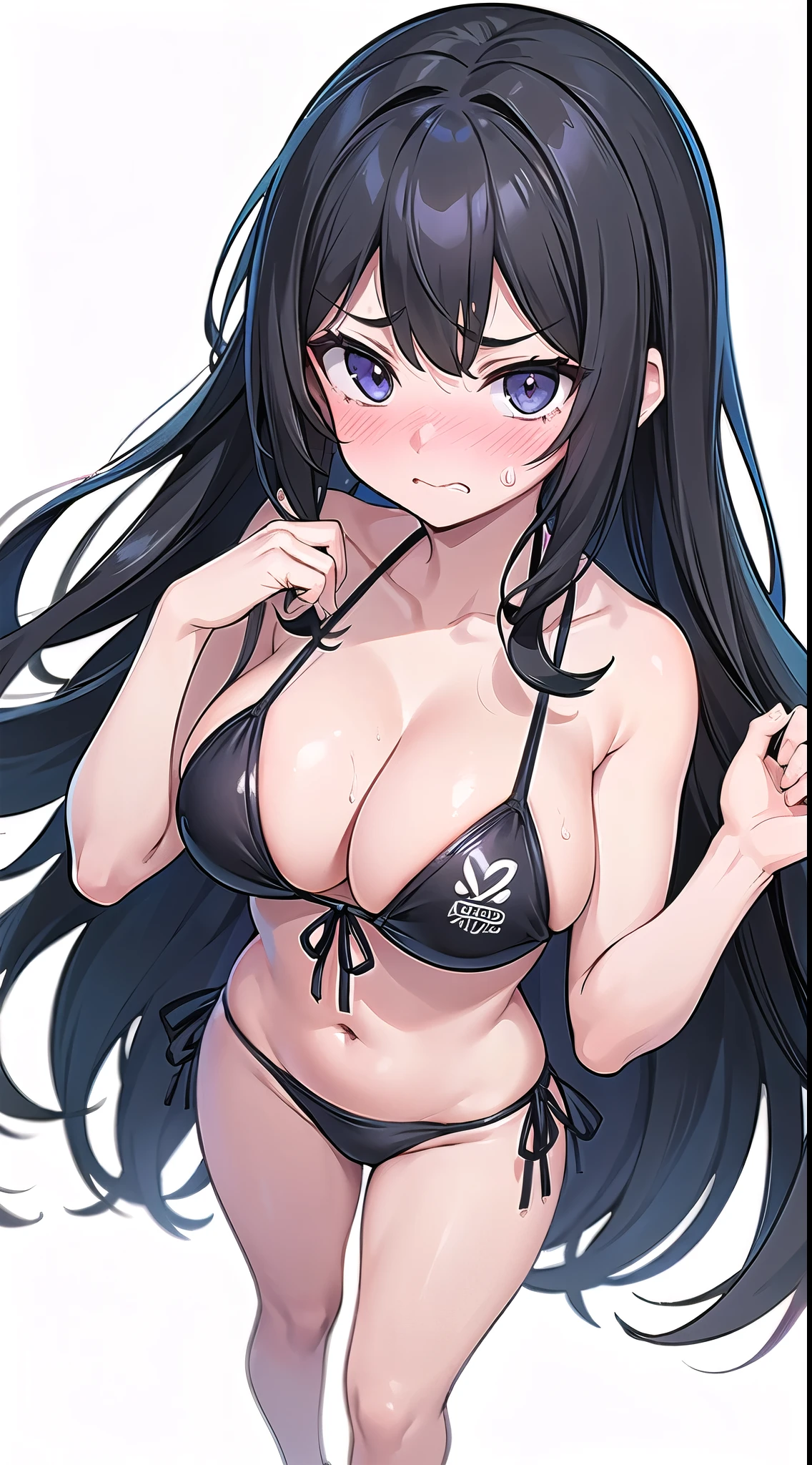 1 girl, game CG,((bikini)),((big breasts)), black hair, long hair, straight hair, black eye, ((embarrassed face)), white background,((look forward、from head to foot))