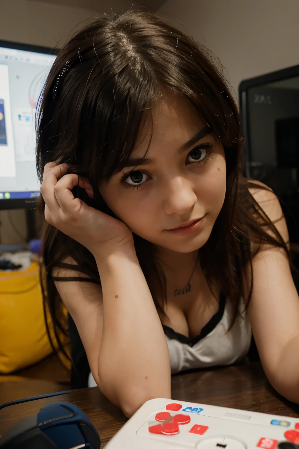 Cute girl playing games on her pc