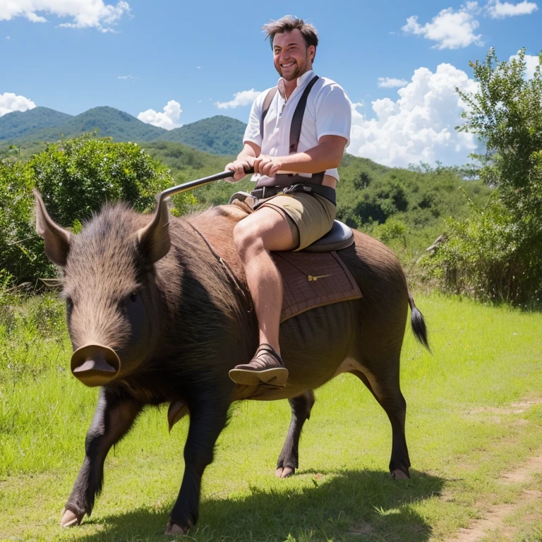 A tall person riding a wild boar 🐗 , sanglier 🐗, wild boar rider , petit 