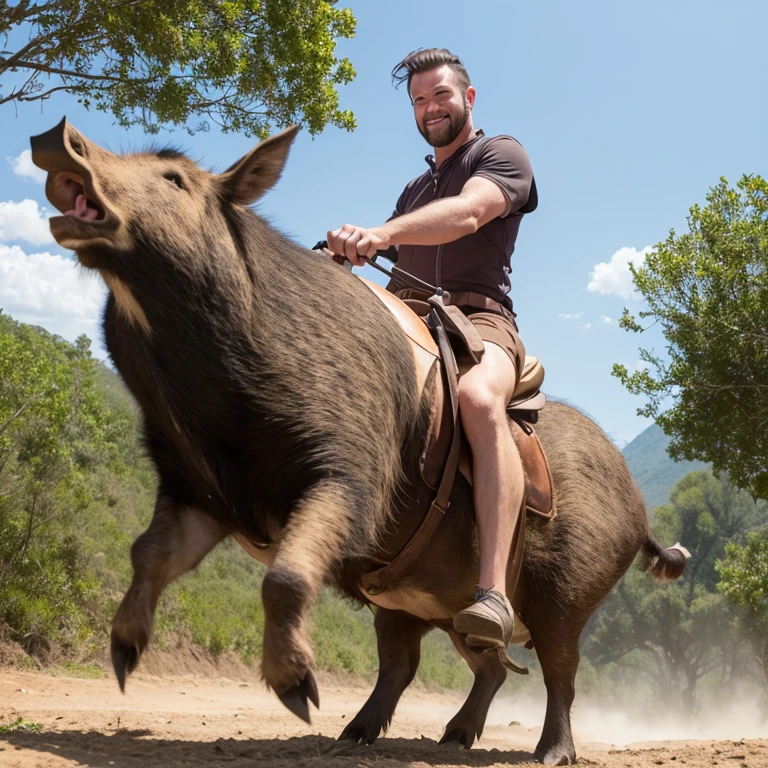 A tall person riding a wild boar 🐗 , sanglier 🐗, wild boar rider , petit