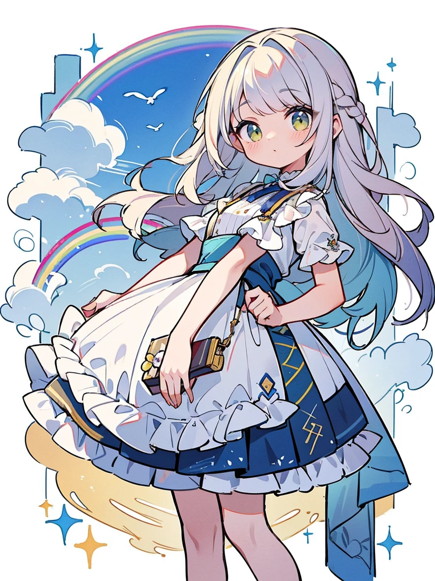 ((Melhor qualidade1.2))、((obra-prima 1.2))、pintura em aquarela、((roupas da moda))、((Pegue um gato bonito 1.5))、cores brancas((Rainbow color hair))、Vast sky