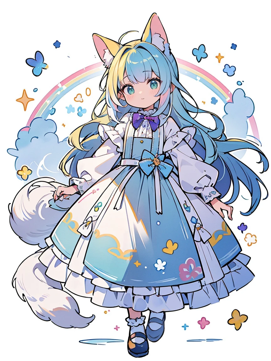 ((Melhor qualidade1.2))、((obra-prima 1.2))、pintura em aquarela、((roupas da moda))、((Pegue um gato bonito 1.5))、cores brancas((Rainbow color hair))、Vast sky