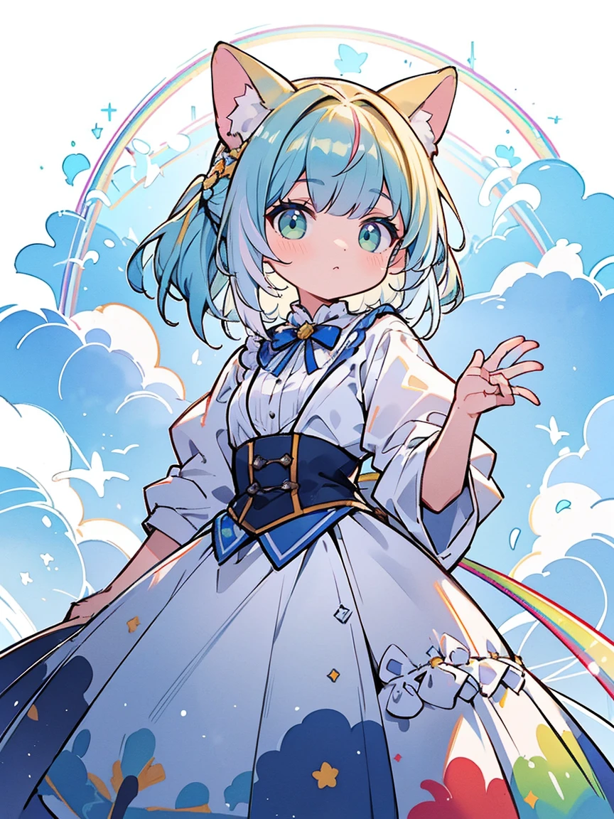 , she has blue eyes, but it was later changed to white eyes with black pupils, and later blue eyes again in the Fionna & Cake sequel series. Her pupils become circular if surprised, excited, shocked, or scared. She has a cat muzzle and a small nose (compared to Jake's), cat ears, white fur with many coffee colored spots, and a large, bushy tail. When Fionna and Cake race Prince Gumball and Cake runs up the mountain, she has claws on her front paws. SPARKLE; GLITTER