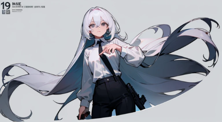 (character table),alone,a twenty-five year old girl , Highlight white very long hair,  Shut your mouth, White shirt, black tie, long sleeves, Long black pants  ,Height 190，There is a gun in the hand，Slightly set eyes，Deep black eyes，line art , ,character table detailed,4 different angles, Highly detailed body parts