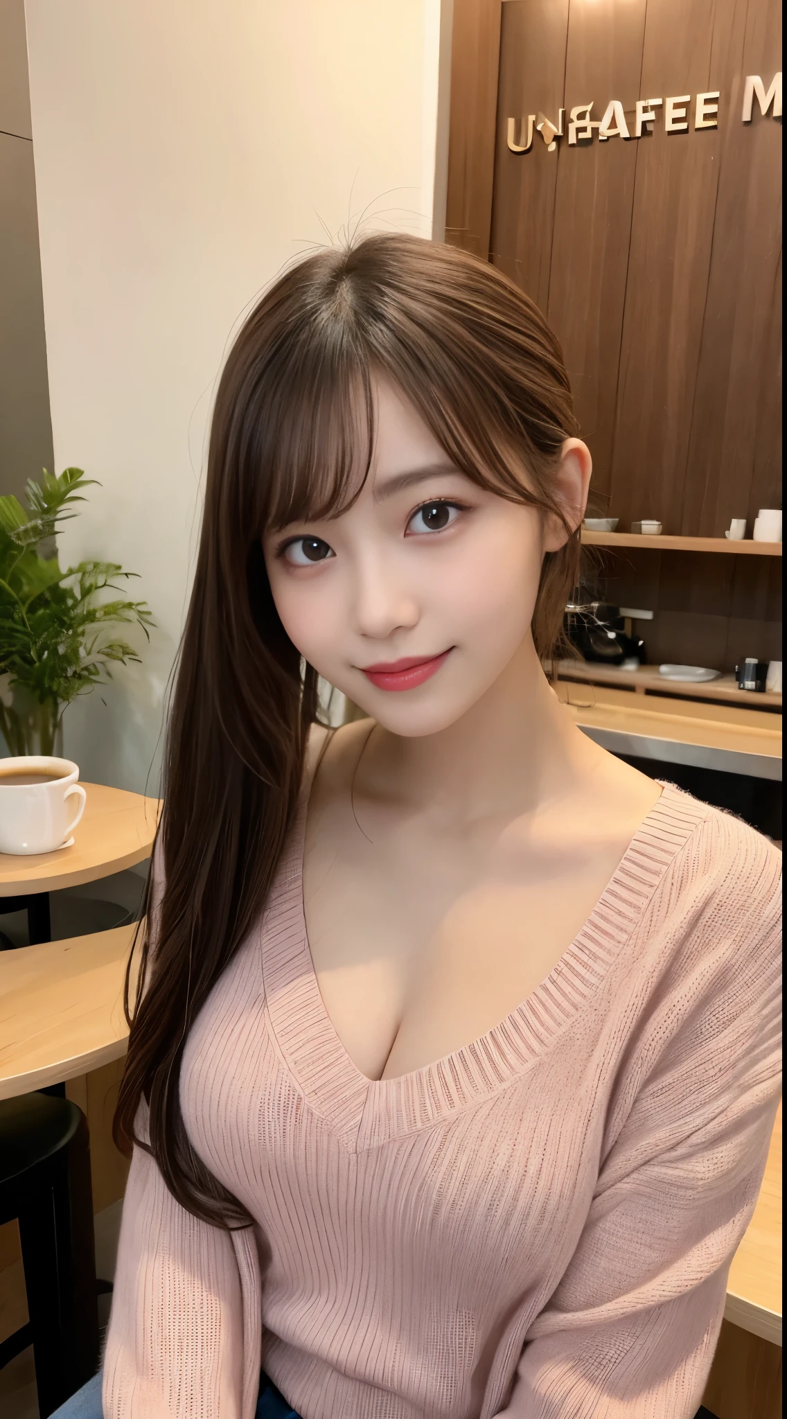 masutepiece, Best Quality, Illustration, Ultra-detailed, finely detail, hight resolution, 8K Wallpaper, Perfect dynamic composition, Beautiful detailed eyes, Wearing a pale pink sweater, Ponytail hair,Brown hair color ,Big breasts, Natural Color Lip, Random and sexy poses,Random situations,Slender body,Slender face,A big smile, Chest, sitting in the coffee shop