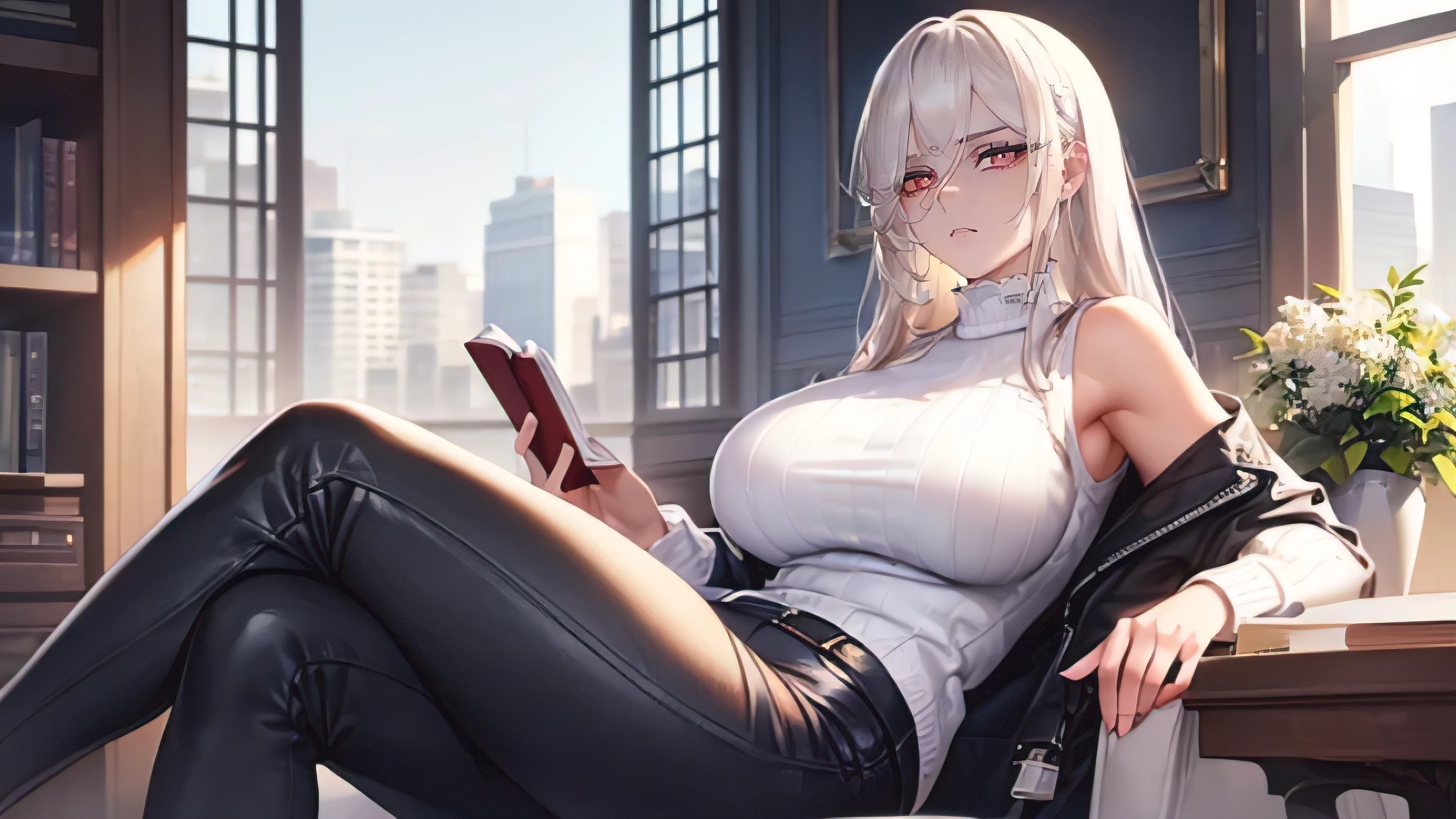 (Best quality, 4k, Masterpiece :1.3, 8k, ultra-detailed, ultra-masterpiece), mature pretty woman, ultra-detailed face, detailed lips, full lips, detailed eyes, double eyelid, wide hips, thick thighs, smooth skin, (big breasts:1.4), ((white hair)), ((red eyes)), ((thicc body)), tall, skinny jeans and a black leather jacket over a white tank top, (Reading a book in a room), sitting in a chair, reading a book in a room, background window with several buildings in the background, ((((white sweater)))) + ((((black jacket))))