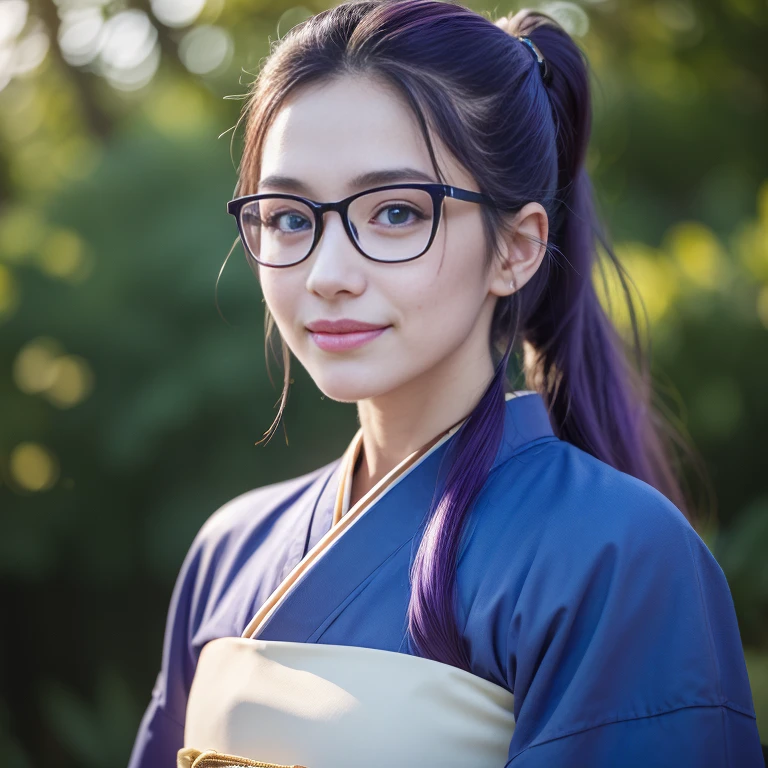 (masterpiece, best quality:1.4), (standing:1.5) (graceful pose:1), 1girl, solo, (european youth:1), arale, glasses, blue eyes, long straight hair, purple hair, ponytail, a strand of grey hair, with the word "ARALE", dark blue kimono, looking at viewer, beautiful smile, beautiful face, smiley eyes, highly detailed face, highly detailed eyes, white teeth, mature looking, highly detailed skin, skin pores, subsurface scattering, realistic pupils, full face blush, full lips, detailed background, depth of field, volumetric lighting, sharp focus, absurdres, realistic proportions, good anatomy, (realistic, hyperrealistic:1.4), 16k hdr,