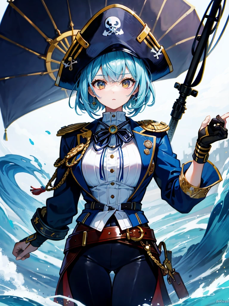 (((masterpiece、Highest image quality、highest quality、highly detailed unity 8kwallpaper)))、((Illustration of one girl、upper body))、(((beautiful girl)))、(female pirate)、(Light light blue hair、short ponytail:1.2、yellow eyes)、(((Right hand is a prosthetic hand、steampunk prosthetic arm)))、((tall))、bulky figure, massive frame, thick neck, sturdy arms, powerful legs、(captain's suit、Pirate hat、Blue coat)、pier