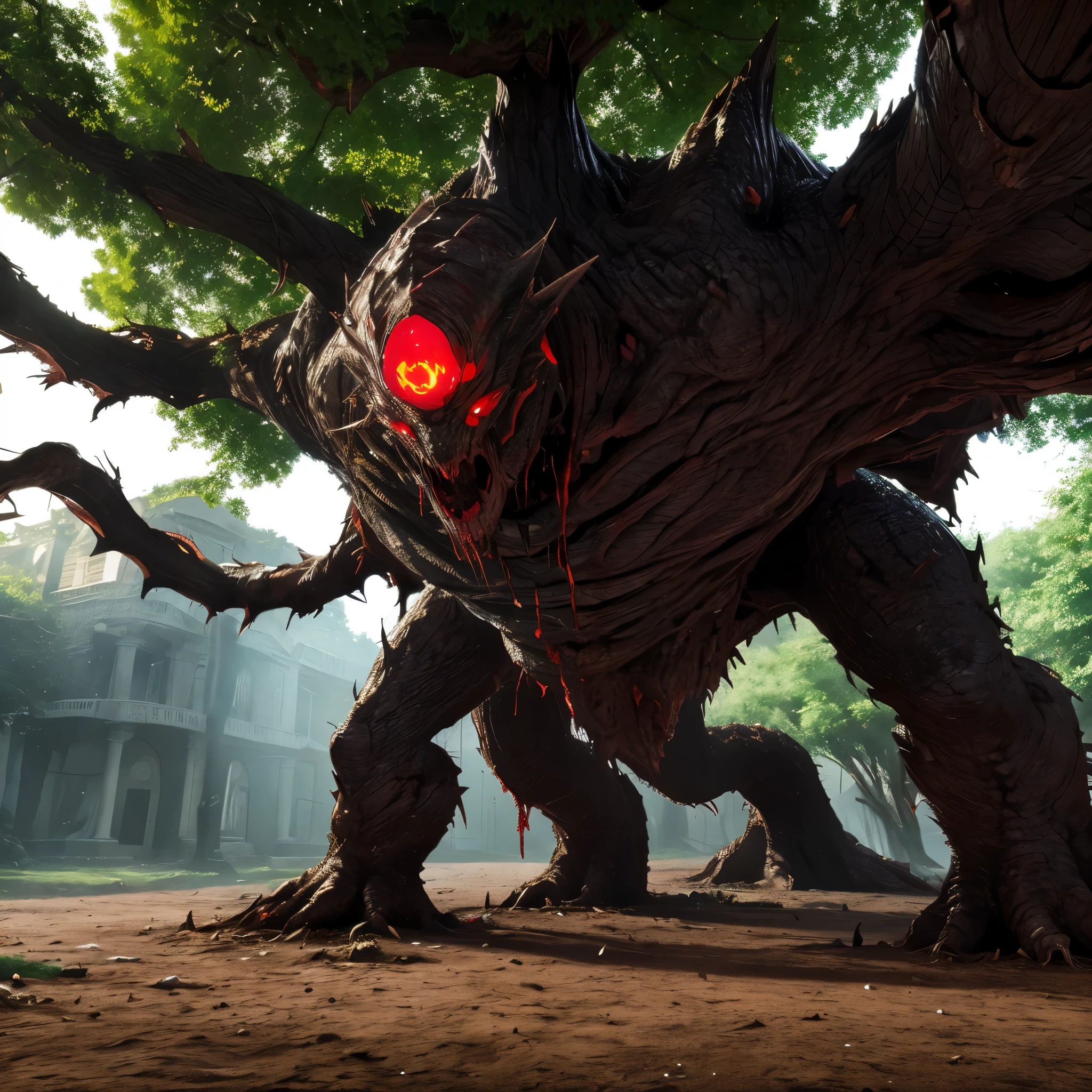 monster,tentacle,scale,bat wings,Bulk,monster,Evil God,eyeball,magic book,cane,red eyes,tree skin,Blood vessel,quadrupedal walking,to be born々new,Evil,core,Lots of mouths,teeth,sharp nails, negative aura,spines,Tree roots,wood monster,