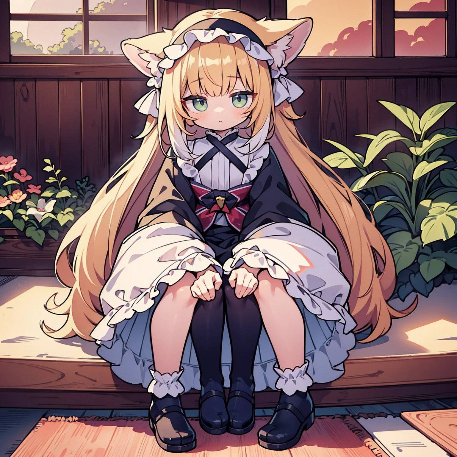 Cute garota com cat ears、（Sozinho 1.4）、Japanese anime style、Moe、（Imagem Completa 2.0）、Authentic and highly detailed body、pequeno、garota com、、10 anos de idade、cabelo comprido、franja、Um cabelo rosa、Authentic and highly detailed face、Beautiful eyes that are authentic and highly detailed,、 Authentic and very delicate arms and hands、Authentic, highly detailed human hands（5 dedos）、A  mais bonita do mundo、Delicados e bonitos olhos de gato rosa、authentic skin texture、comum、lolita、uma minissaia、（Authentic, highly detailed pink socks 2.5）、（Authentic, highly detailed long boots 1.5）