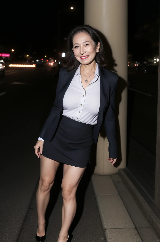 masterpiece, best quality, 16K, city, old woman, happy, smiling, standing, looking at viewer, front view, long hair, wave hair, black hair, eyes open, (makeup:1.31), (large breasts:1.32), (wrinkles corners eyes:1.48), (nasolabial:1.48), (old skin:1.48), pale skin, freckled skin, wrinkles skin, (old muscles:1.2), slender, (office lady, suit), (mini tight skirt), (collared shirt), (high-heels), piercing, necklace, boots, 50-year-old, old, elderly, japanese, outside, in the city, at night, real person, ultra realistic photo, nsfw, full body shot, front view
