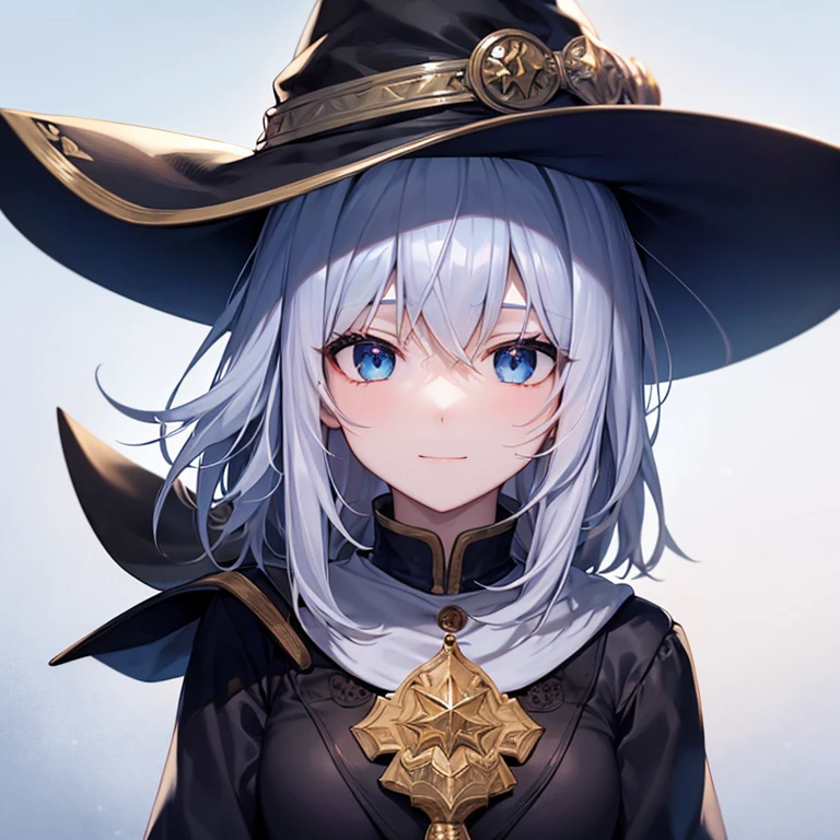 super high quality, with a girl, 20-year-old, very short hair, long bangs between the eyes, pale blue eyes , blue sky, sunlight, very detailed,(masterpiece、highest quality)、alone、gray hair、laughter、White skin as clear as snow、fantasy, silver hair, black eye, beautiful eyes,, ecstasy, charm, be smitten with audience, fantasyな風景、witch hat