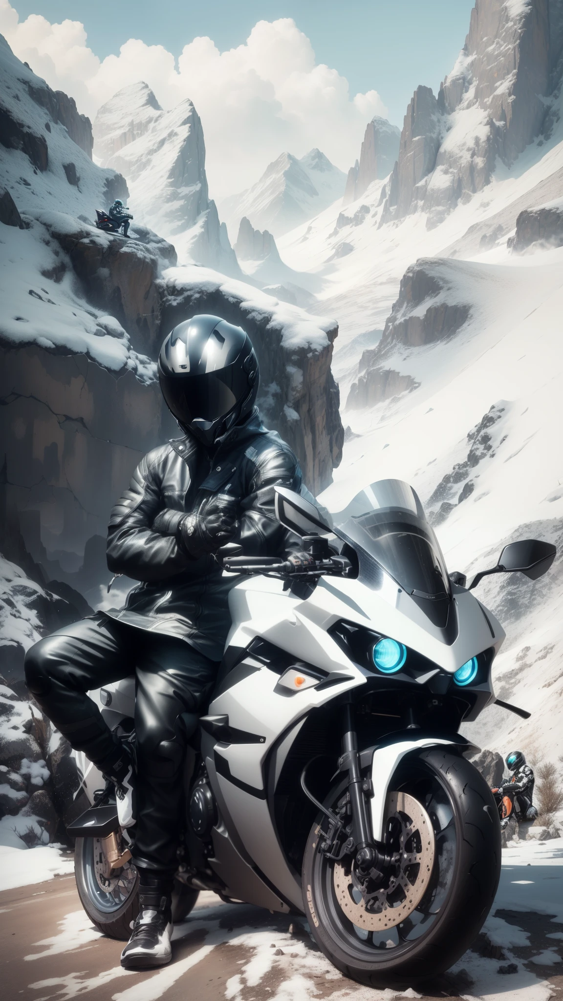 there is a man that is sitting on a motorcycle in the mountains, sitting on cyberpunk motorbike, riding a futuristic motorcycle, wearing space techwear, motorbiker, riding, biker, profile picture 1024px, picture of a male biker, future techwear, profile picture, lonely rider, sitting on a motorcycle, motorcycle, reflective suit, riding a motorcycle