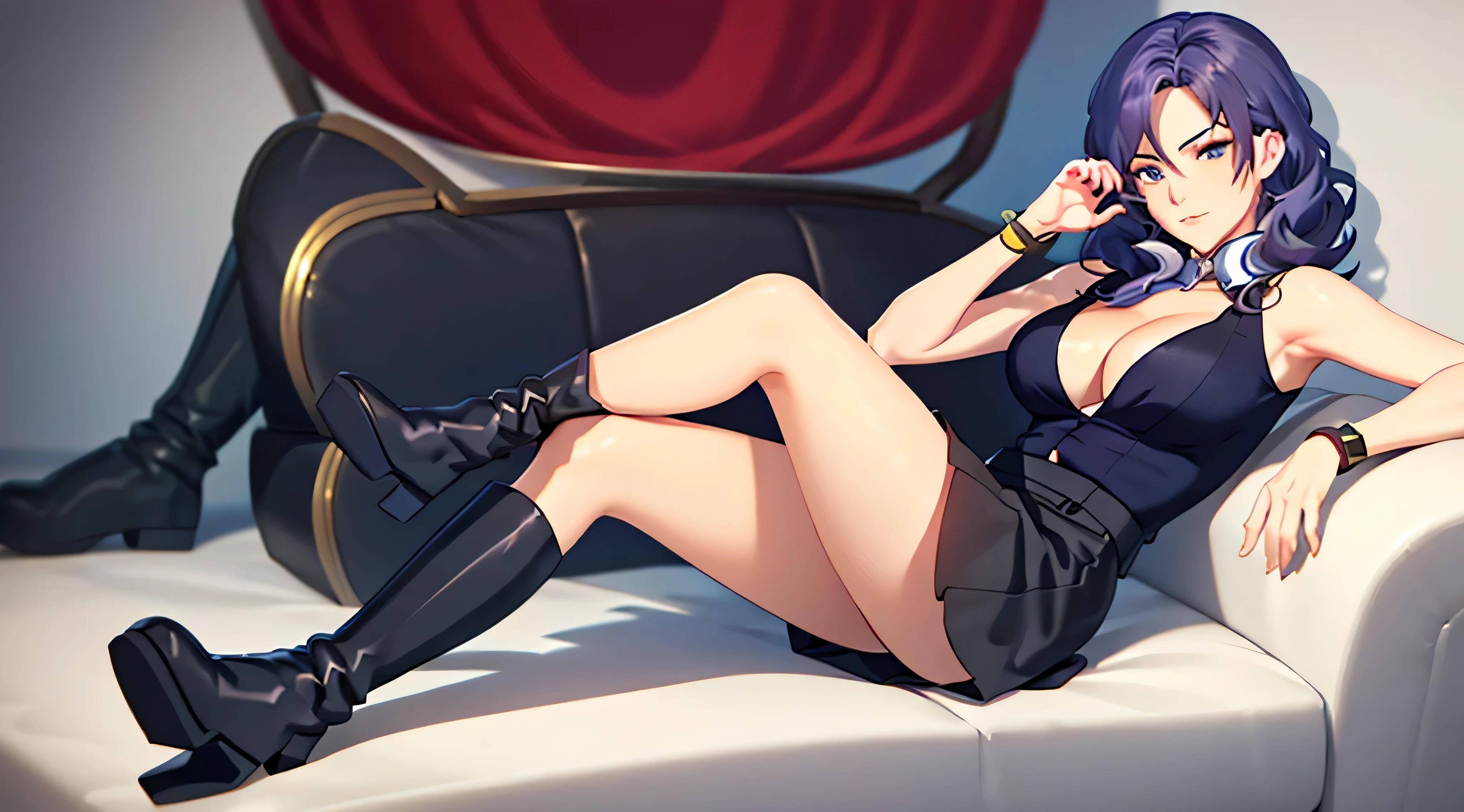Animation works 1girl . anime style, key point, energetic, Studio anime, Very detailed,1 girl, will become public, elegant, masterpiece, complicated, actual, best quality, Internal, luxury villa, High facial detail, perfect eyes, mature woman, Women journalists, illustration, bright colors, 双手放exist胸前, big breasts, exist沙发上,Brown riding boots, actual facial details, realism, 3D face, single,Full body photo of beautiful sexy secretary wearing miniskirt and seams ((alone)), aldult, exist_this_office,Craving sexual, Petting the_herself