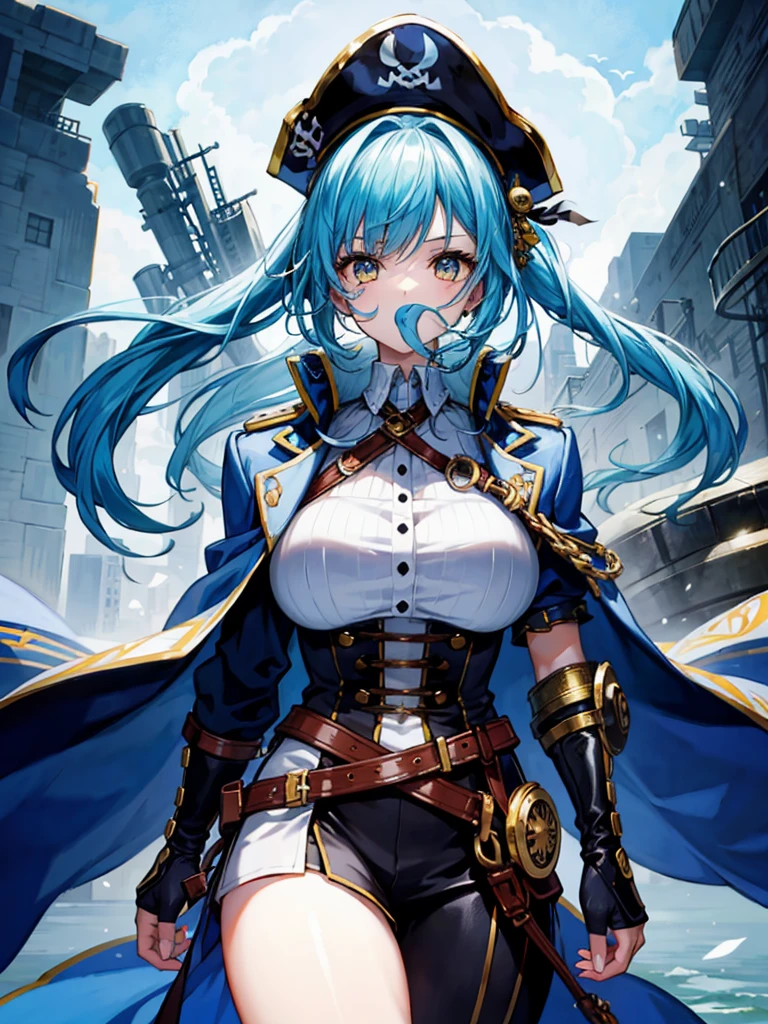 (((masterpiece、Highest image quality、highest quality、highly detailed unity 8kwallpaper)))、((Illustration of one girl、upper body))、(((beautiful girl)))、(female pirate)、(Light light blue hair、short ponytail:1.2、yellow eyes)、(((Right hand is a prosthetic hand、steampunk prosthetic arm)))、((tall))、bulky figure, massive frame, thick neck, sturdy arms, powerful legs、(captain's suit、Pirate hat、Blue coat)、pier