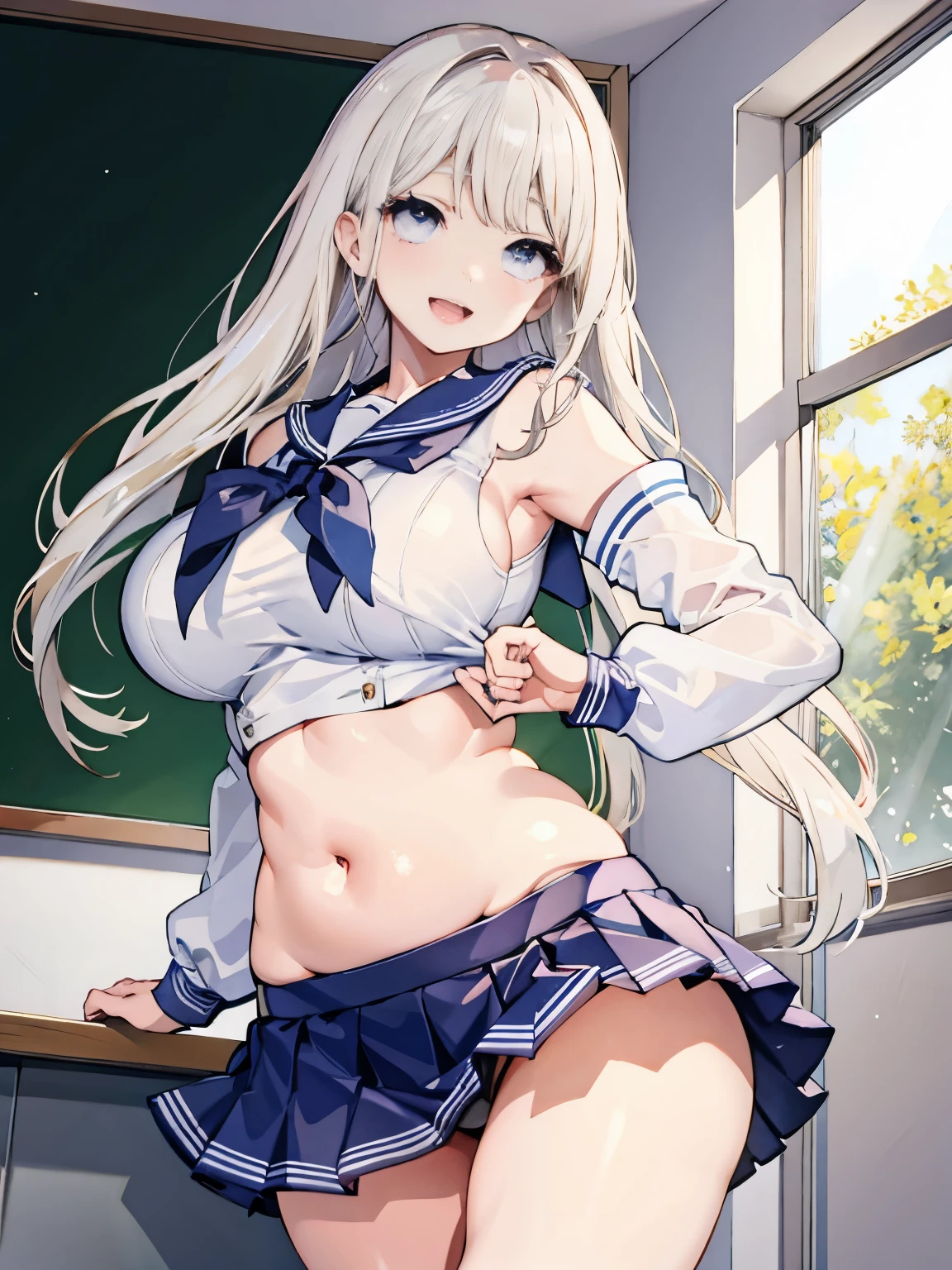 highest quality、realistic touch,high detail、photo realistic、thin waist、captured beauty、Big eyes、solid platinum blonde eyelashes、platinum blonde、Full body Esbian、sparkling eyes、obedient smile、My cheeks turned red、Kamimei、thin waist、plump thighs、Enchanted expression、in the school classroom、navel-like expression、she is in heat、sailor suit、cheeky look、big breasts、Super short skirt with V-line visible、camera angle from below、Big breasts visible between uniform and stomach、No sleeve