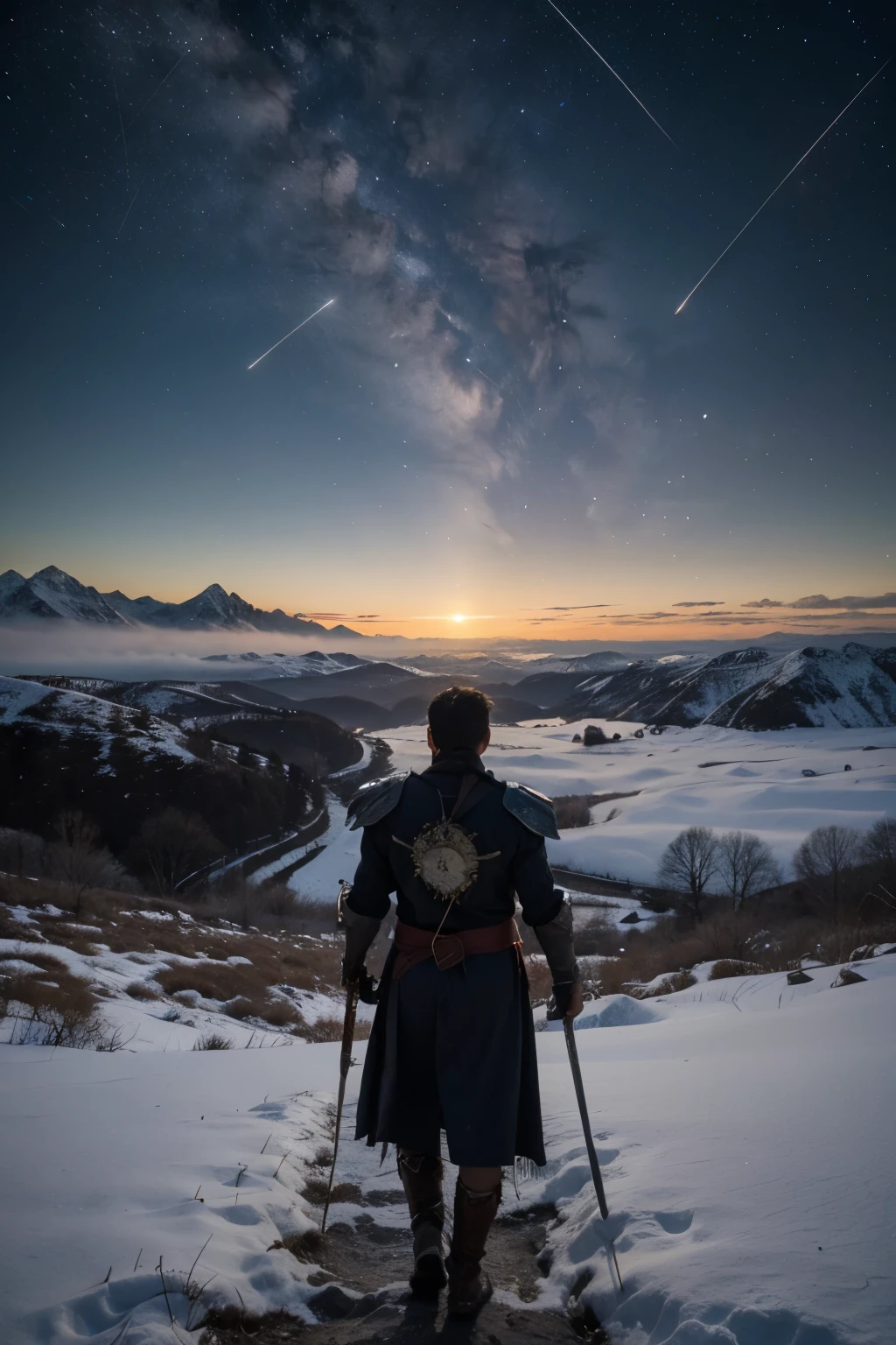 man, magical warrior, in full height with a sword behind his back, in profile, a white beam descends on him from above, against the backdrop of magical mountains with snow on the tops, walks through the valley, Two moons and shooting stars are visible in the sky ((Best quality)), ((masterpiece)), (detailed)