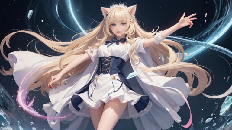 full body, laugh together, bright look、photorealism、highest quality、ultra high resolution、photograph、絶妙に美しい北欧生まれの女の子のphotograph、extraordinary beautiful girl、Detailed cute and beautiful face、(Pure Eros Face_v1:0.008)、beautiful bangs、alice in wonderland、18-year-old、glowing white shiny skin、Flow of hair that extends to the face、bangs between the eyes、super long hair、Attractive light and dark platinum blonde super long straight silky hair、thin hair、Charming shining beautiful bright clear light blue big eyes、white apron、yellow dress、eyeliner、double eyelids、rich bust、two girls、cat ears、great laugh togetherter、short skirt、White lace underskirt、pink panties、