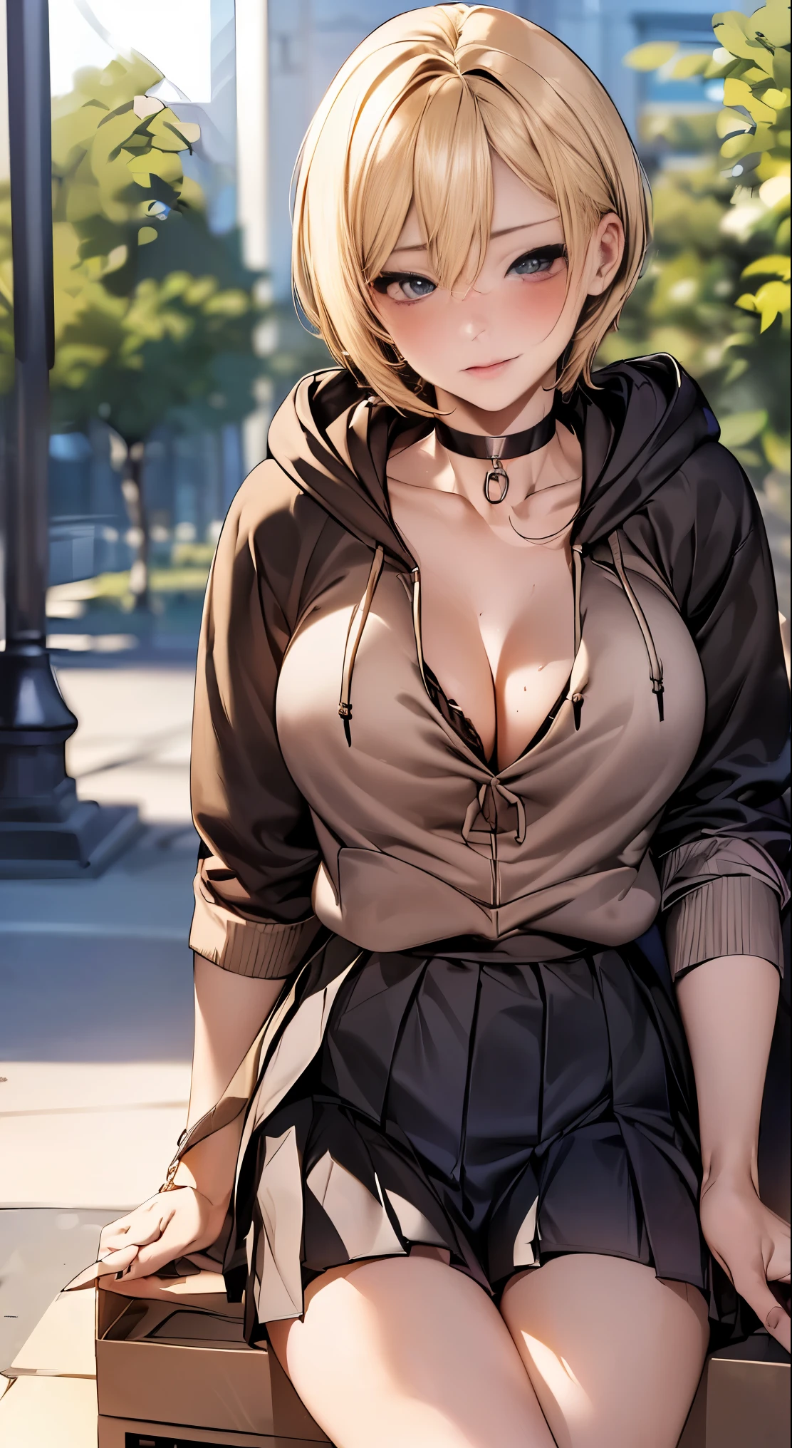 (masterpiece:1.2, highest quality), (realistic, photorealistic:1.4), beautiful illustrations,
looking at the viewer, whole body, Front view:0.6,
1 female, 25 years old, Japanese, ((blonde:1.5, Handsome Shorthair:1.4)), No bangs, hair between eyes, ((height: 176 cm, big breasts:1.6, thin waist))
beautiful hair, beautiful face, beautiful and detailed eyes, (black eye:1.3), beautiful clavicle, beautiful body, beautiful breasts, beautiful thighs, beautiful feet, beautiful fingers, perfect anatomy:1.3, perfect anatomy
(outdoors), ((hoodie:1.8, Box Pleated Skirt:1.4, choker:1.6)), black panties:1.6,
((Grasp the hem of the skirt with your right hand, Put your left hand on your chest, open your legs:1.3)),
(Look at the viewer while blushing:1.3), ((NFSW:1.3))