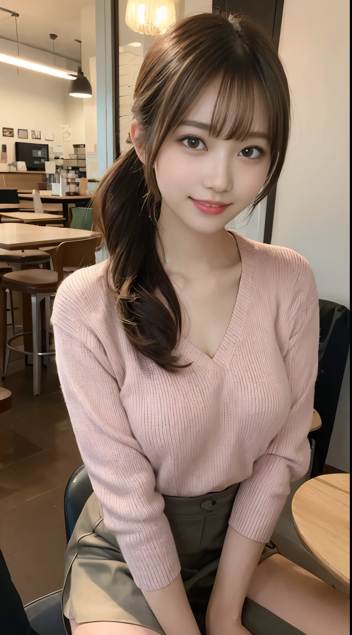 masutepiece, Best Quality, Illustration, Ultra-detailed, finely detail, hight resolution, 8K Wallpaper, Perfect dynamic composition, Beautiful detailed eyes, Wearing a pale pink sweater, Ponytail hair,Brown hair color ,, Natural Color Lip, Random and sexy poses,dom situations,Slender body,Slender face,A big smile, Chest, sitting in the coffee shop