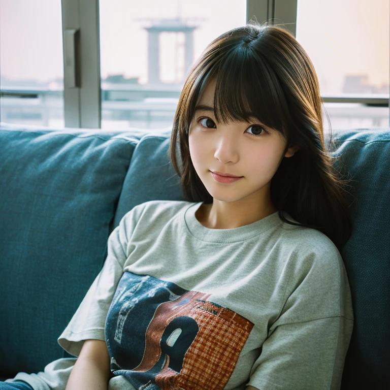 The face of a young Japanese woman posing like a model on a sofa. Focal length 100mmf/2.8, early winter night, living room on the upper floor of a tower apartment, plain T-shirt and shorts, close-up of eyes, film quality.