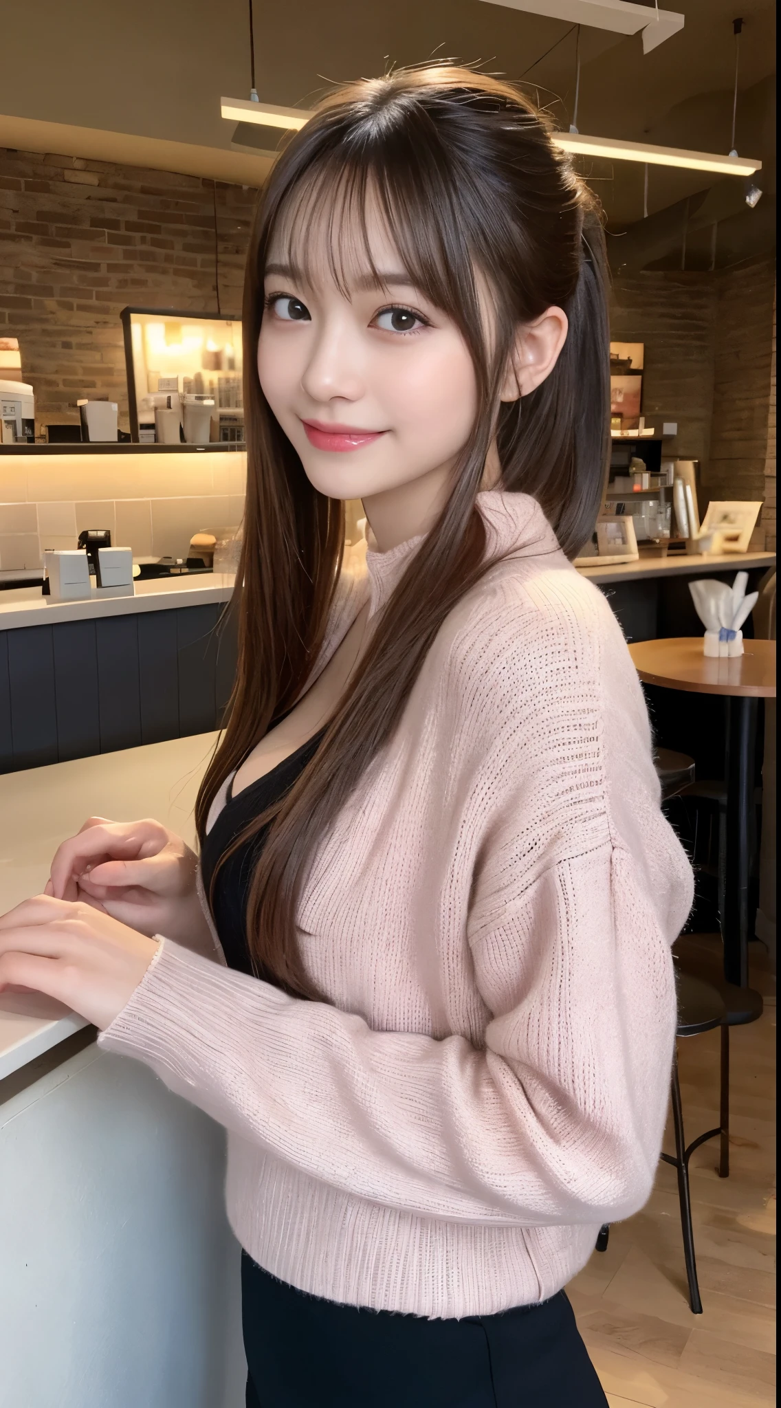 masutepiece, Best Quality, Illustration, Ultra-detailed, finely detail, hight resolution, 8K Wallpaper, Perfect dynamic composition, Beautiful detailed eyes, Wearing a pale pink sweater, Ponytail hair,Brown hair color ,Big breasts, Natural Color Lip, Random and sexy poses,Random situations,Slender body,Slender face,A big smile, Chest, sitting in the coffee shop