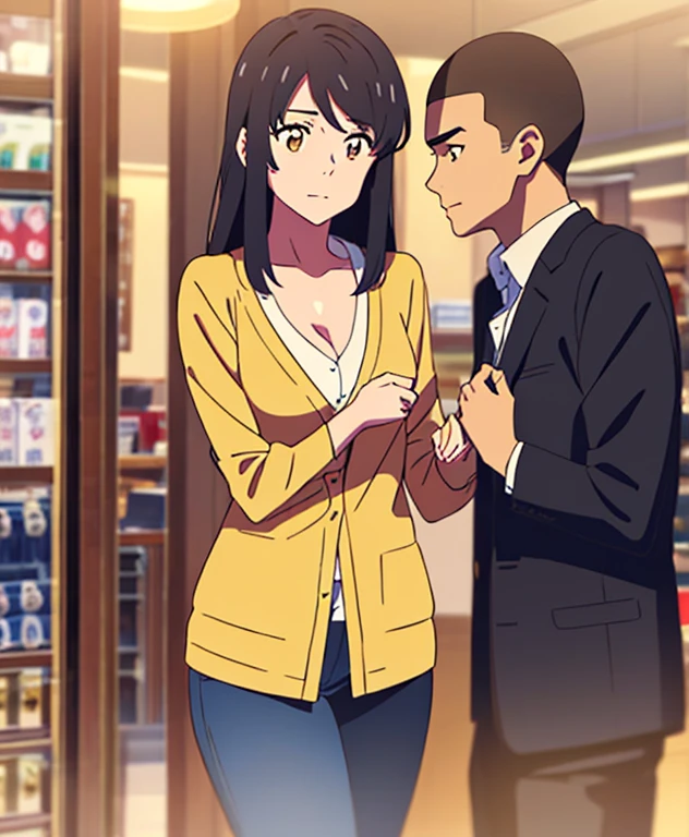 shinkai makoto, kimi no na wa., 1boy, buzzcut,office suit, boy wooing girl, boy caressing girl's body, sexual harassment, 1girl, bangs, black hair, brown eyes, Twisted Half Up, red ribbon, long hair, long sleeve light pink cardigan, open shirt, yellow shirt, cleavage, breast, medium breast, name tag written "LUMINE Miyamizu", looking at the viewer, indoors, jewelry products, jewelry shop, jewelry saleswoman, indoors, mall, masterpiece, perfect anatomy, cowboyshot, 