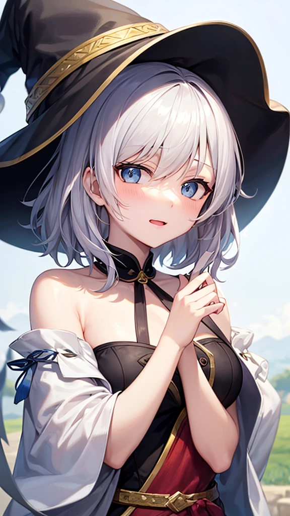 super high quality, with a girl, 20-year-old, very short hair, long bangs between the eyes, pale blue eyes , blue sky, sunlight, very detailed,(masterpiece、highest quality)、alone、gray hair、laughter、White skin as clear as snow、fantasy, silver hair, black eye, beautiful eyes,, ecstasy, charm, be smitten with audience, fantasyな風景、witch hat